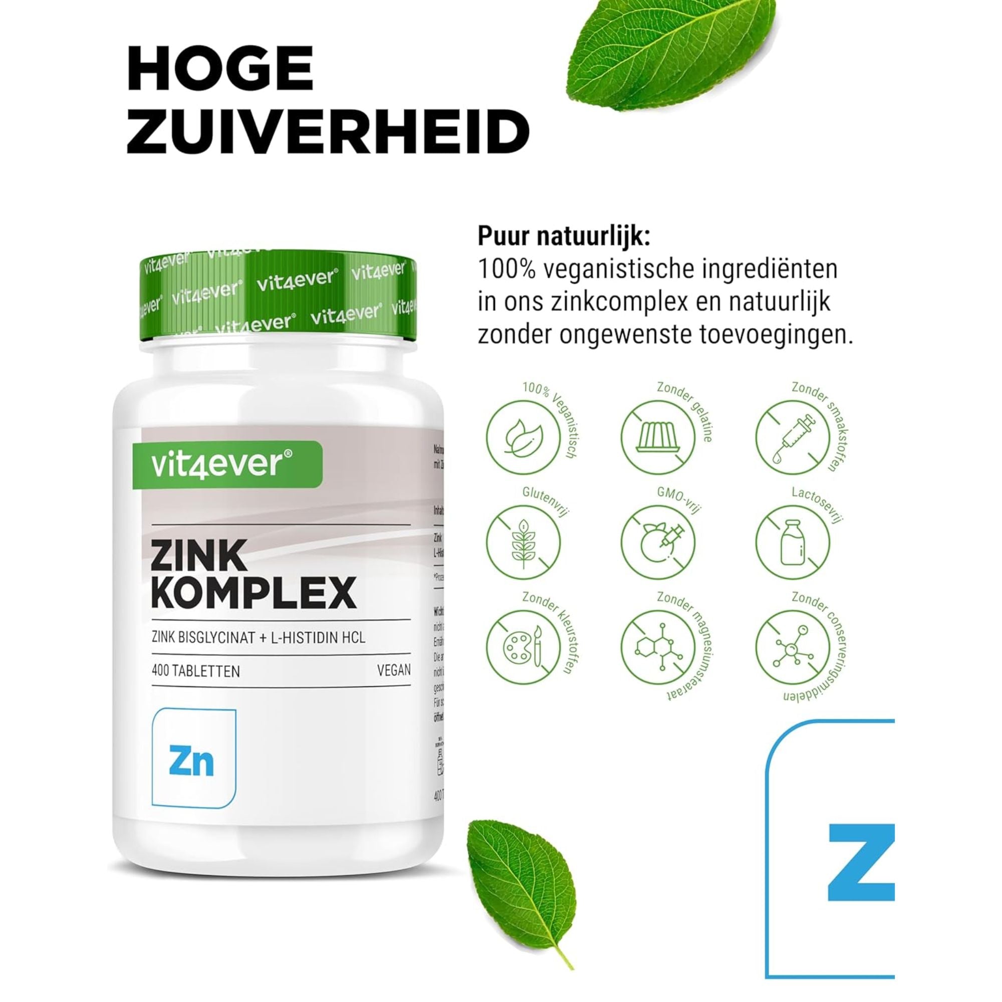 Zink Bisglycinaat | Met Histidine | 25mg | 400 tabletten | Vit4ever
