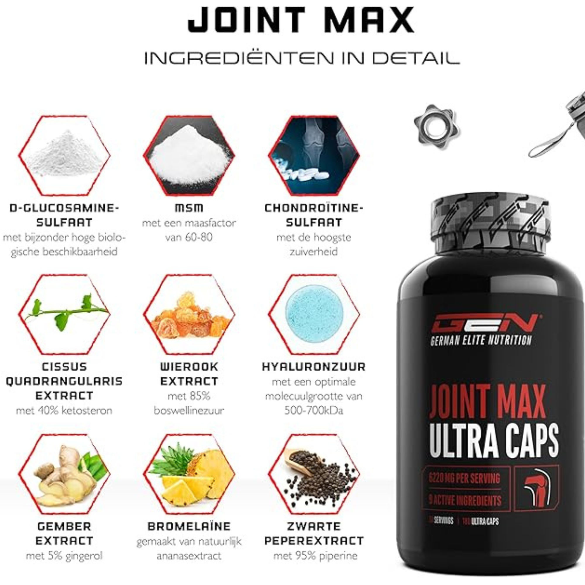 msm, chondroitinsulfraat, cissus quadrangularis extract, wierook extraat, hyaluronzuur, gember extract, bromelain, zwarte peper extract