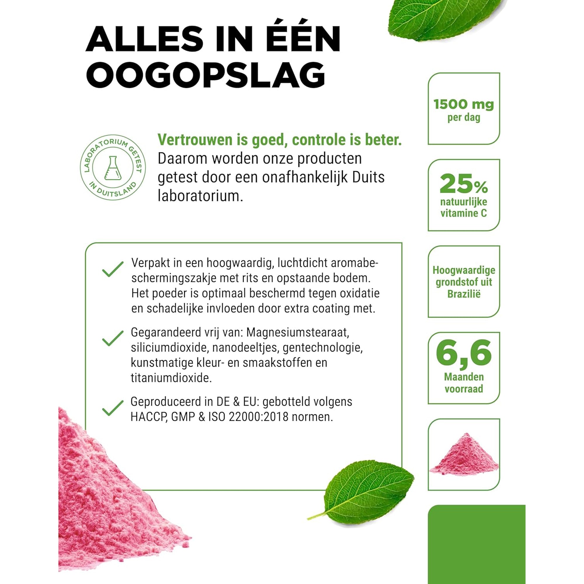 hoog gedoseerd acerolapoeder met 255 mg vitamine C per portie