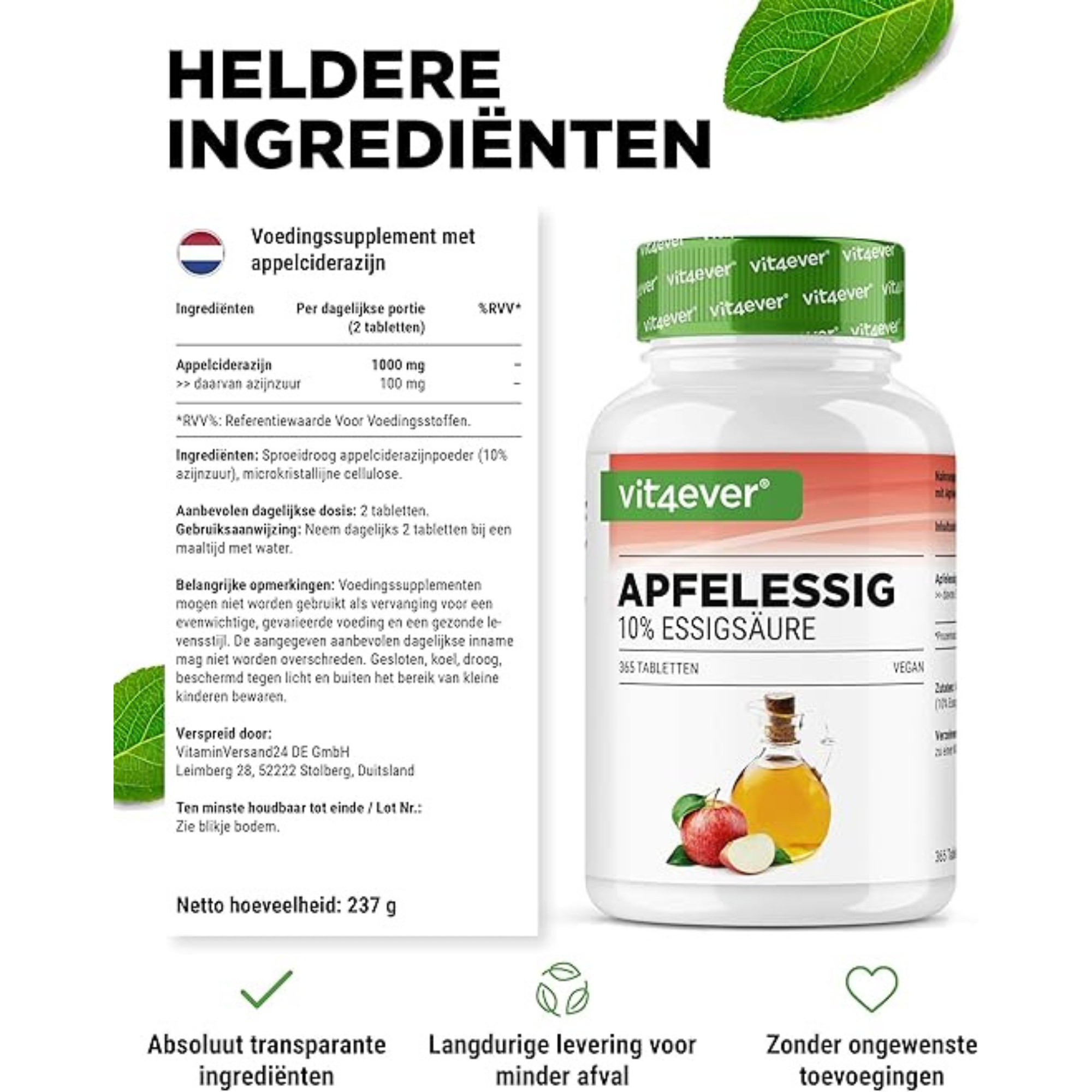 Appelazijn Tabletten 500mg | 365 stuks | Vit4ever