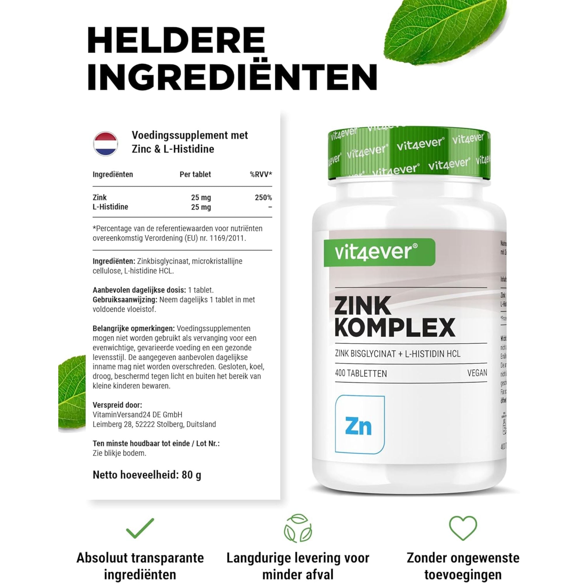 Zink Bisglycinaat + L-Histidine 25mg | 400 tabletten | Vit4ever