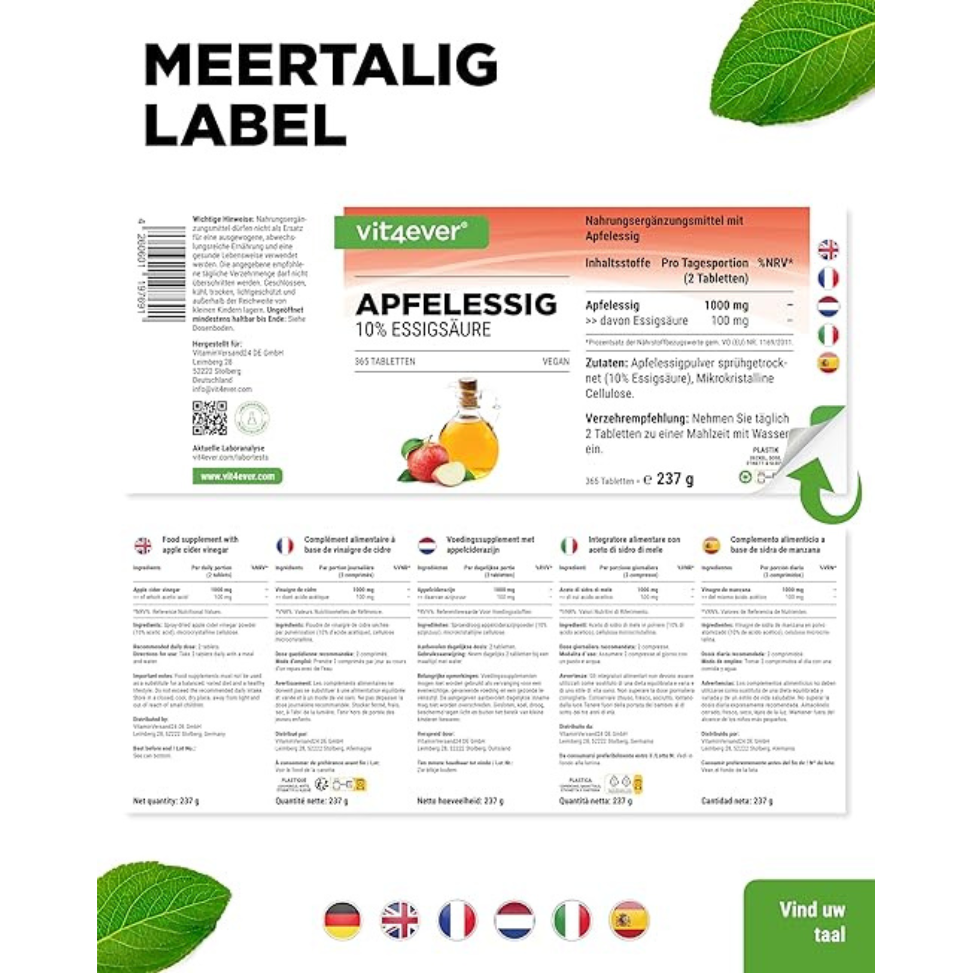 Appelazijn Tabletten 500mg | 365 stuks | Vit4ever