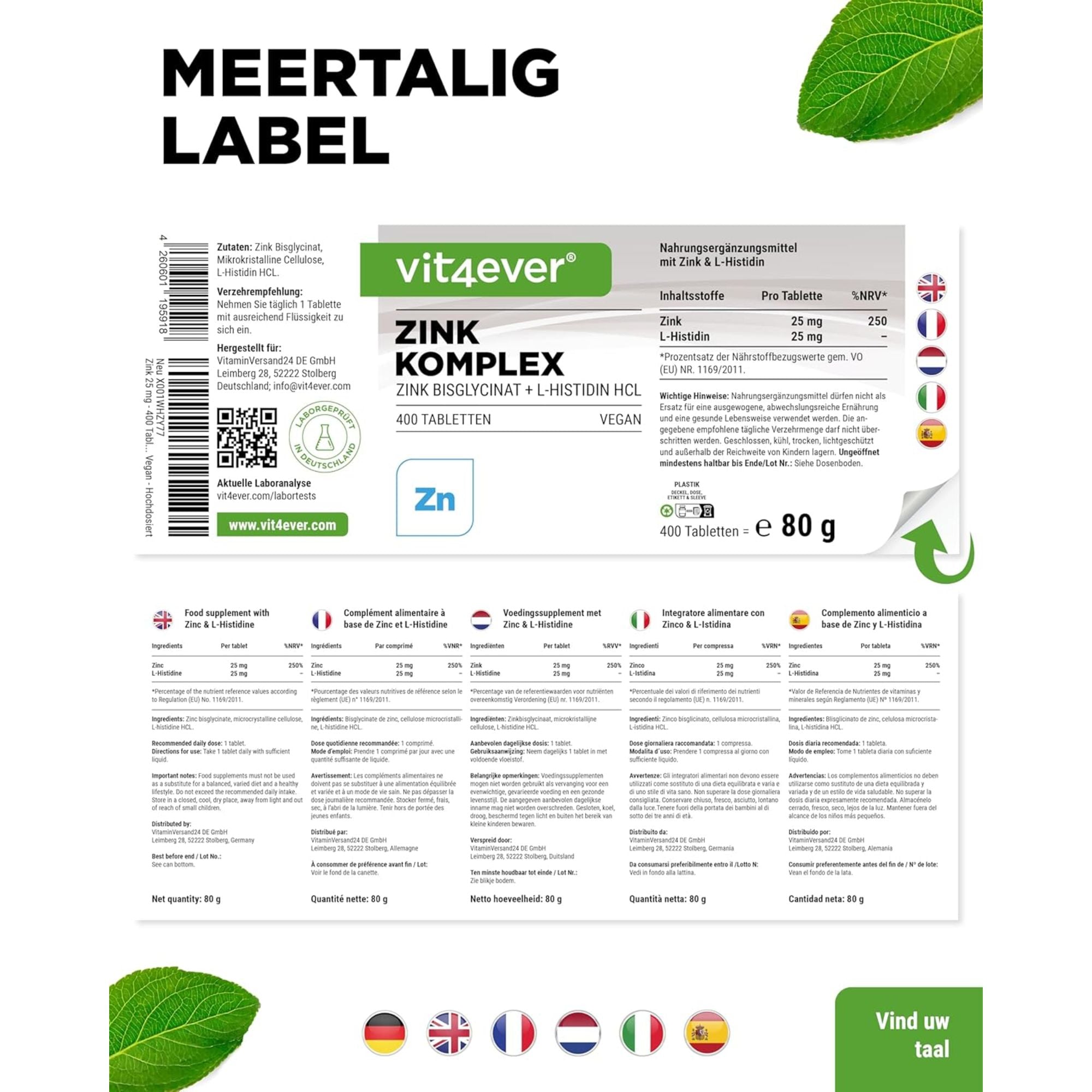 Zink Bisglycinaat + L-Histidine 25mg | 400 tabletten | Vit4ever