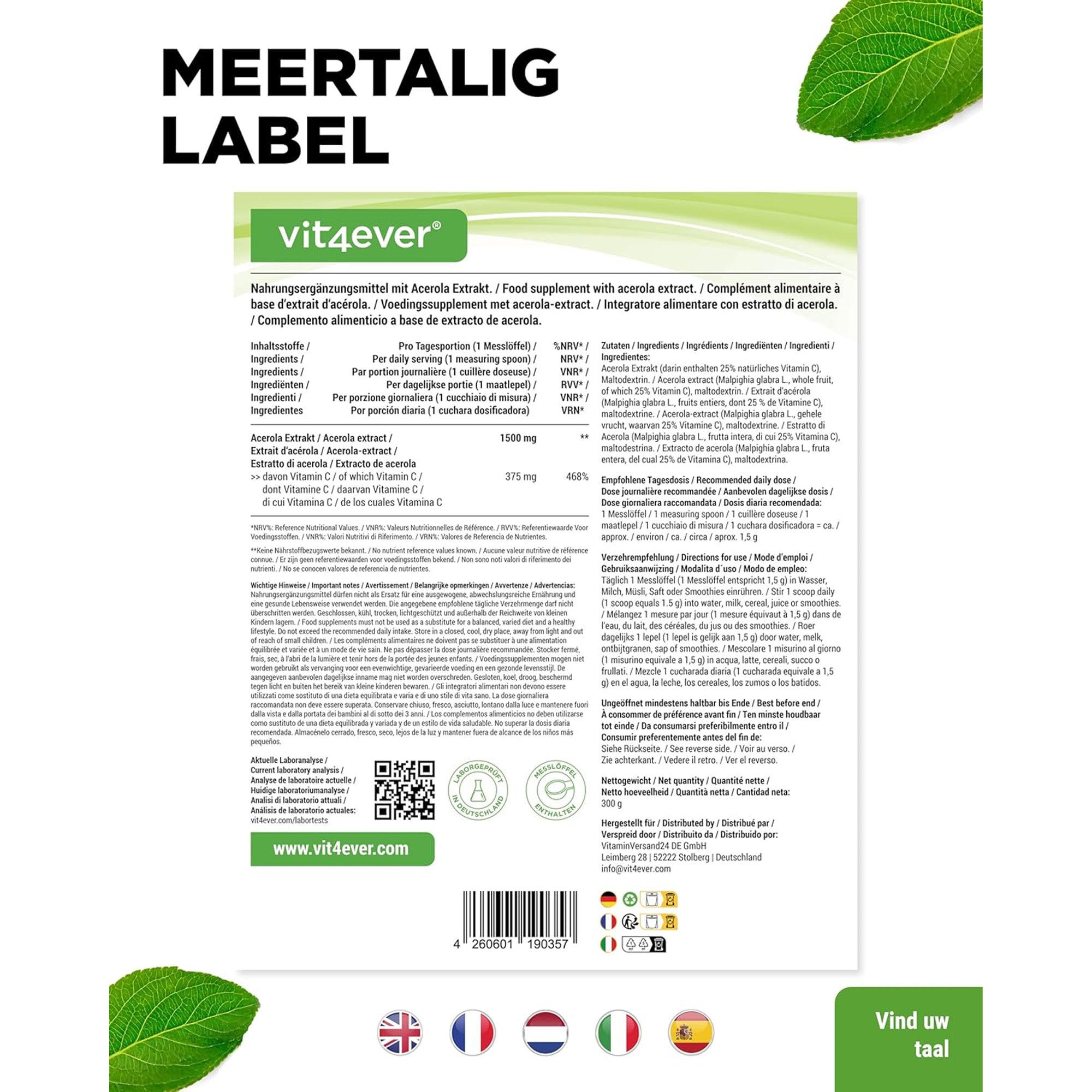 Acerola Poeder natuurlijk vitamine C – 300g |Vit4ever