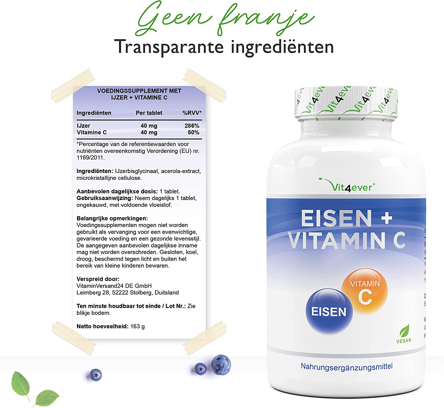 Ijzer + natuurlijke vitamine C | 365 tabletten met 40 mg zuiver ijzer | Hoogwaardige grondstof: ijzerbisglycinaat (ijzerchelaat) | Hooggedoseerd | Veganistisch
