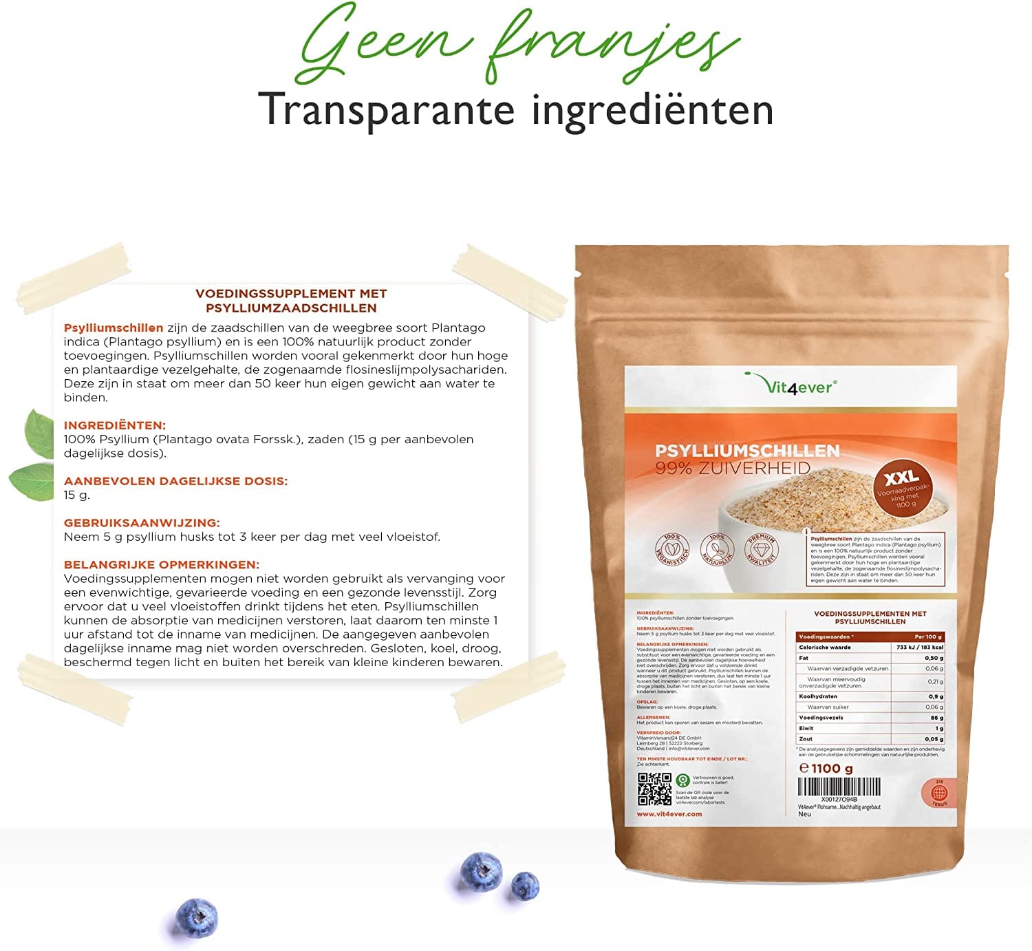 Psylliumvezels | 1100 g | Vit4ever | Gecontroleerd op residuen | 99% zuiverheid | herkomst: India | low-carb | vezelrijk | zonder toevoegingen | veganistisch