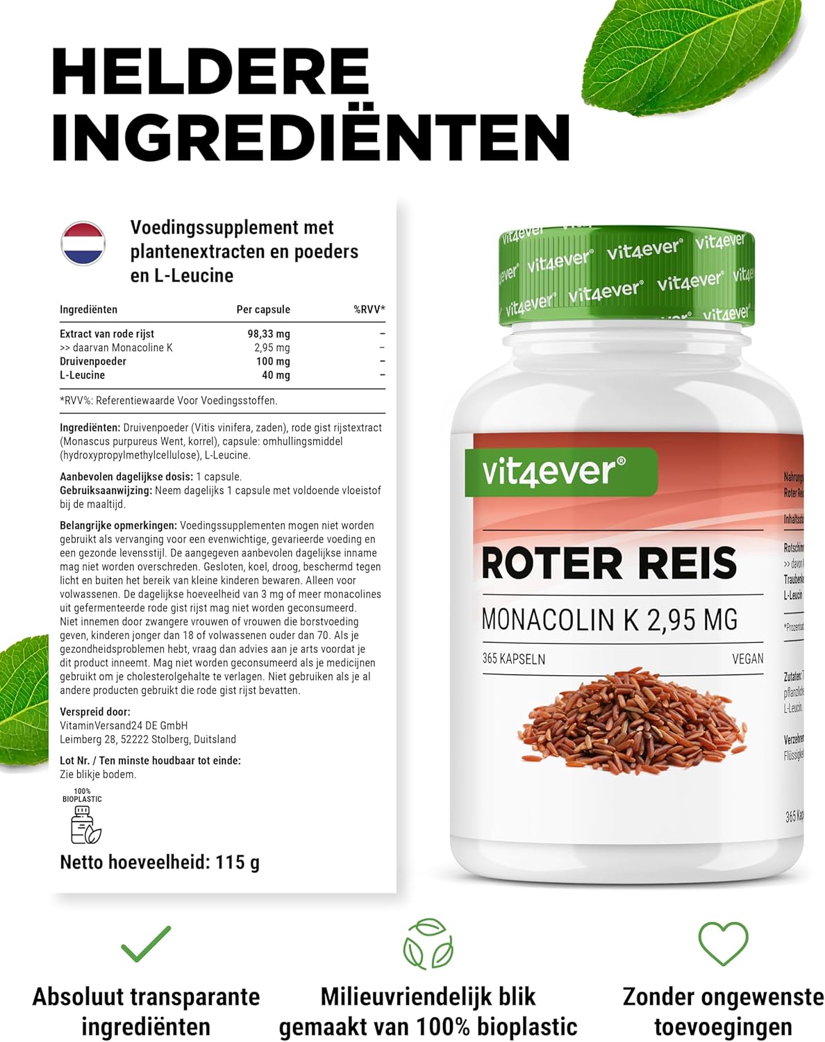 Rode rijstextract | 2,95 mg Monacolin K | 240 capsules | Vit4ever