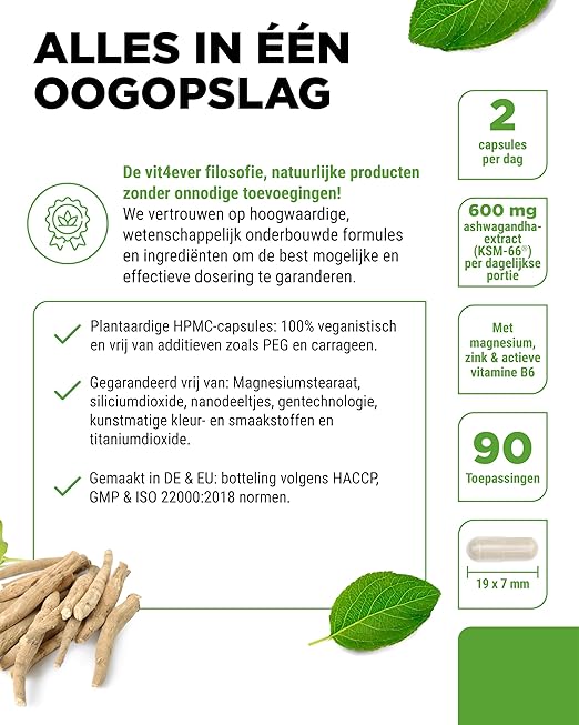 Ashwagandha KSM-66 Complex (met magnesium, zink & B6) | 180 capsules | Vit4ever