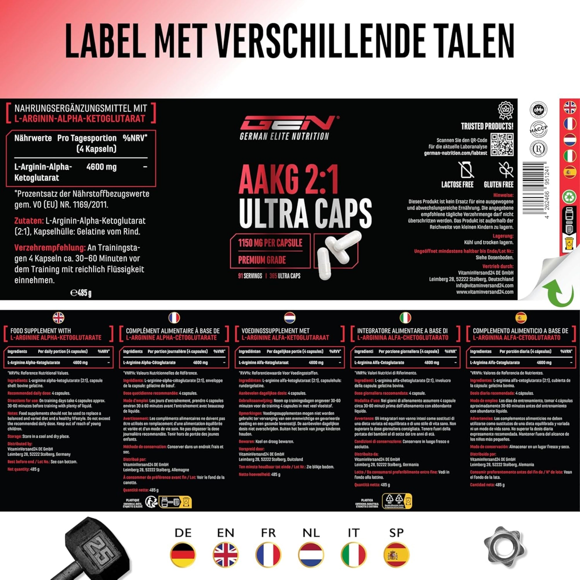 AAKG Ultra Caps (Arginin-Alpha-Ketoglutarat) 1150mg | 365 capsules | German Elite Nutrition