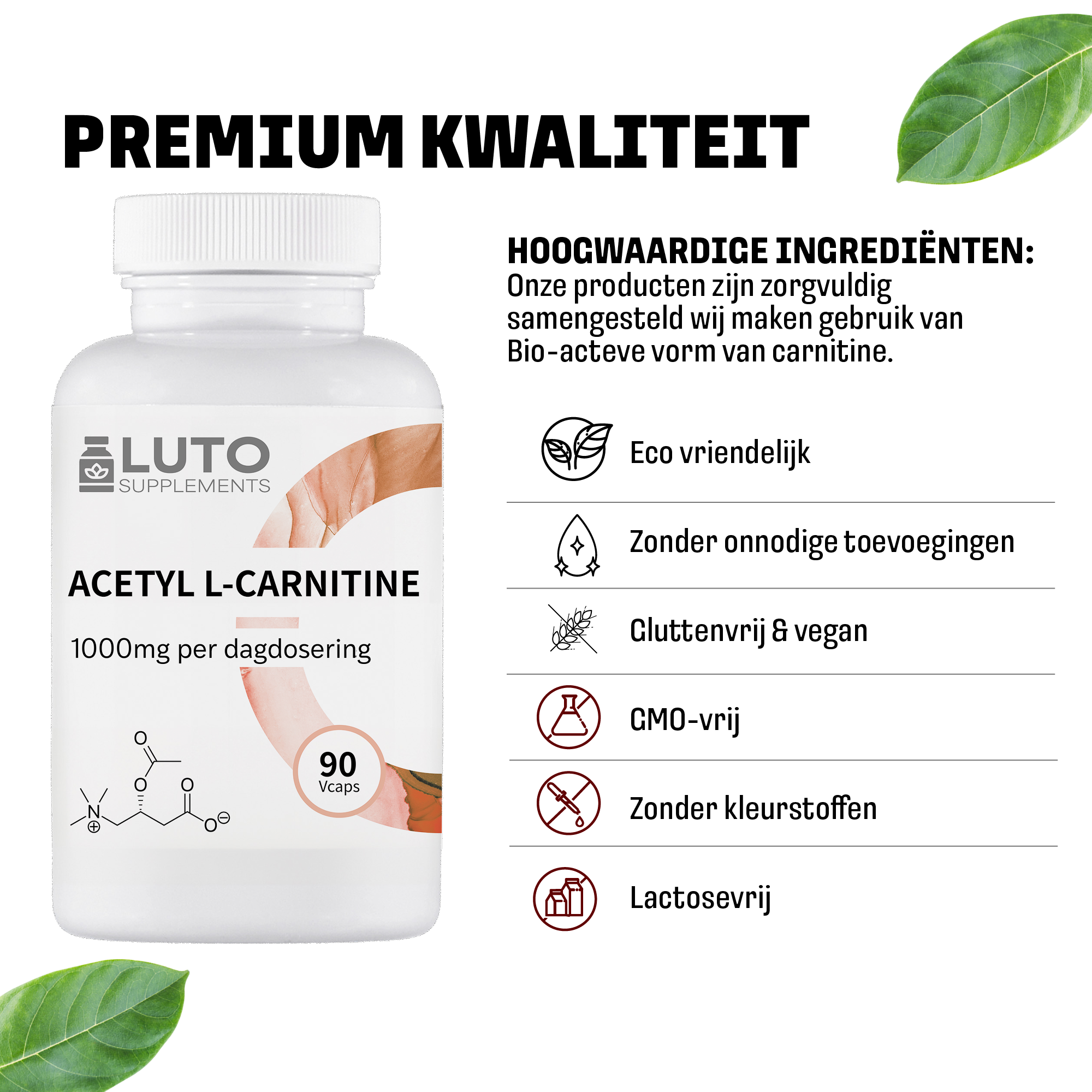 Acetyl L-Carnitine 1000mg + Vitamine B12 | 90 plantaardige capsules | LUTO Supplements