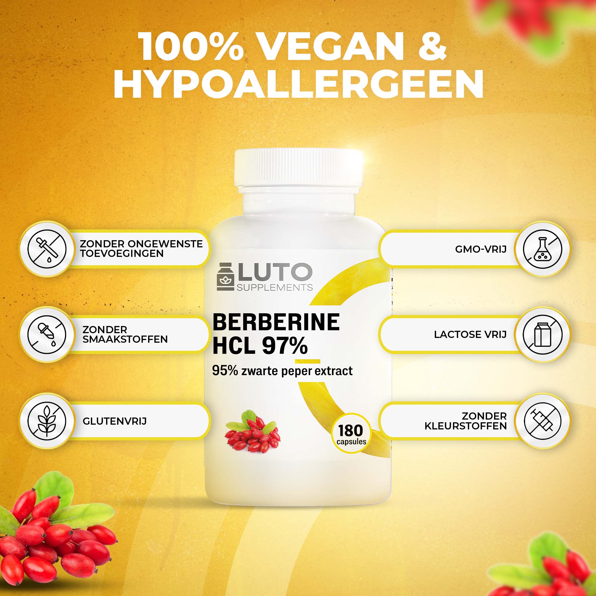 Berberine HCL 97% + Zwarte peper extract | 180 Vegan Capsules | LUTO Supplements