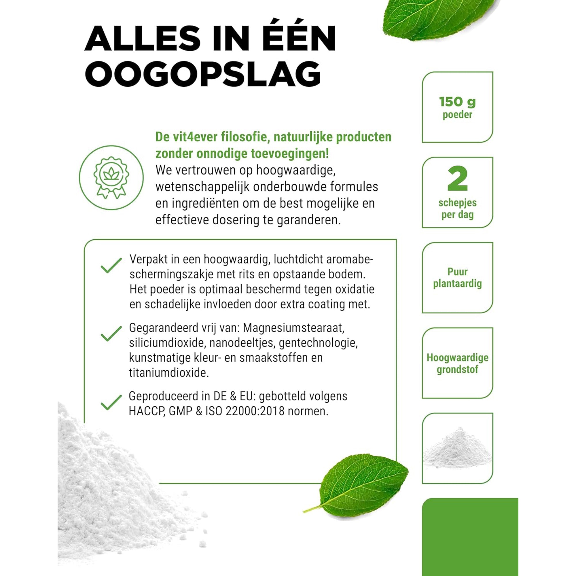 Overzicht van de Vit4ever filosofie: puur plantaardig product, twee schepjes per dag, 150 g poeder.