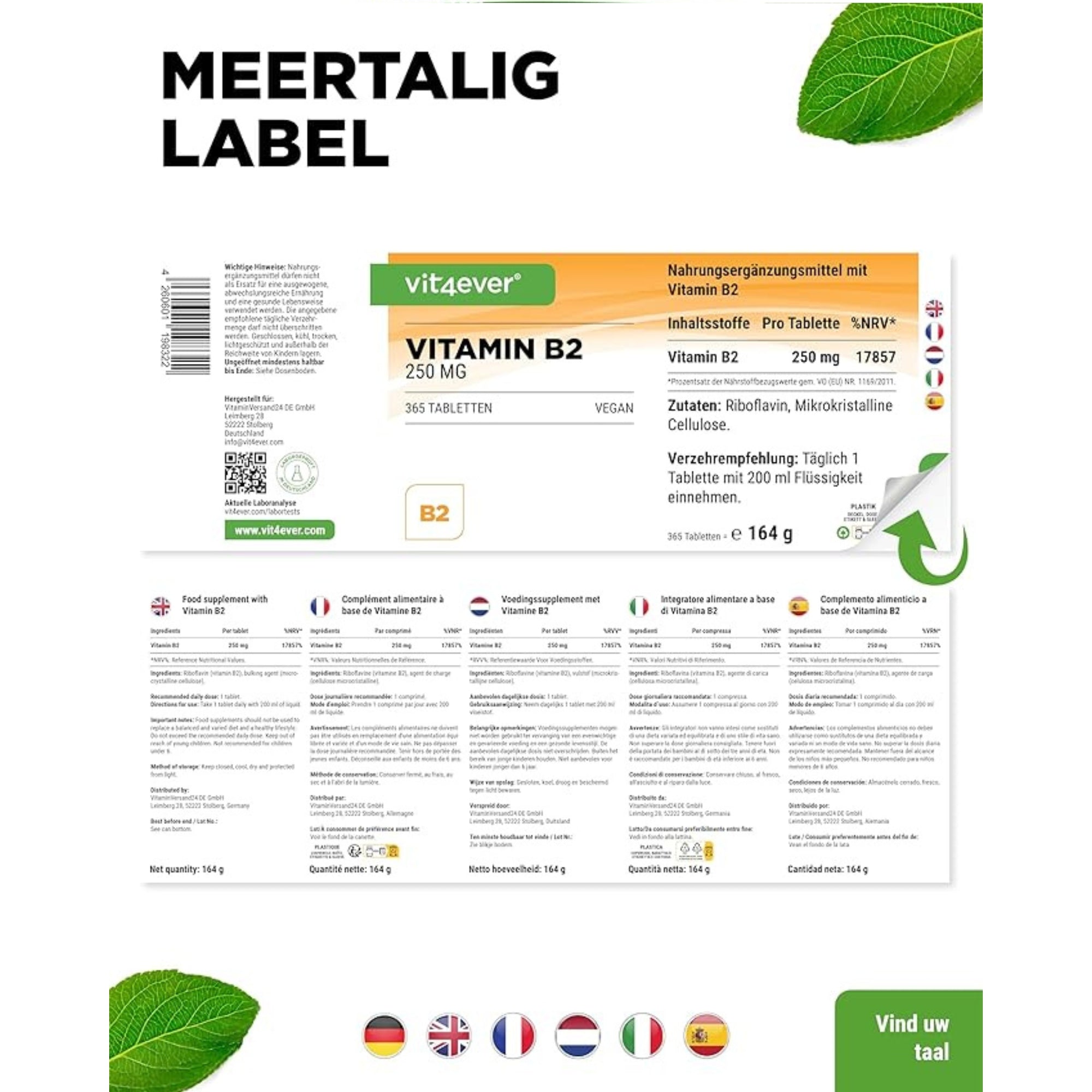 Ingrediëntenoverzicht en voedingswaarden van Vit4ever Vitamine B2-tabletten met duidelijke doseringsinformatie en aanbevolen gebruik.