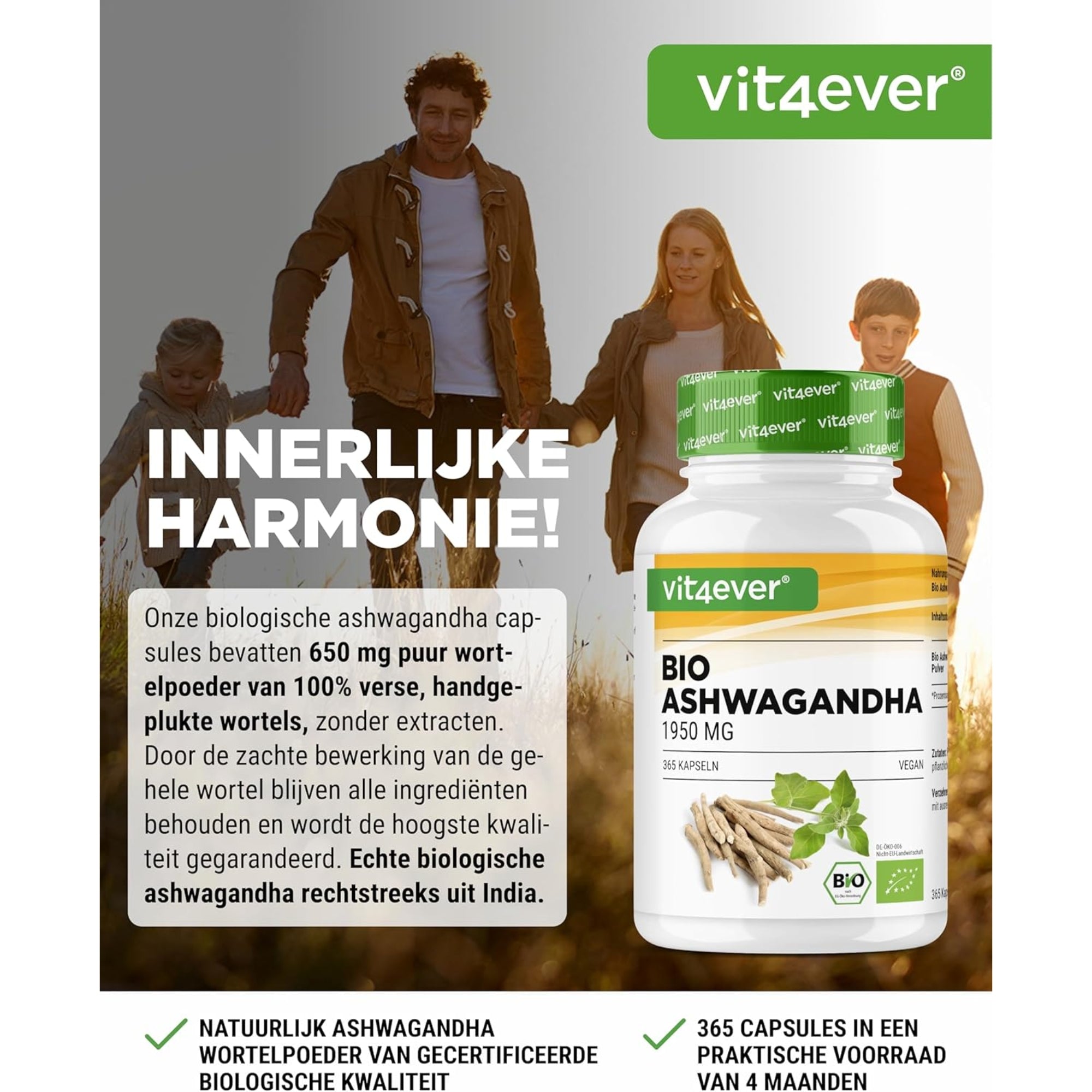 Biologische Ashwagandha (Withania somnifera) 1950mg | 365 capsules | Vit4ever