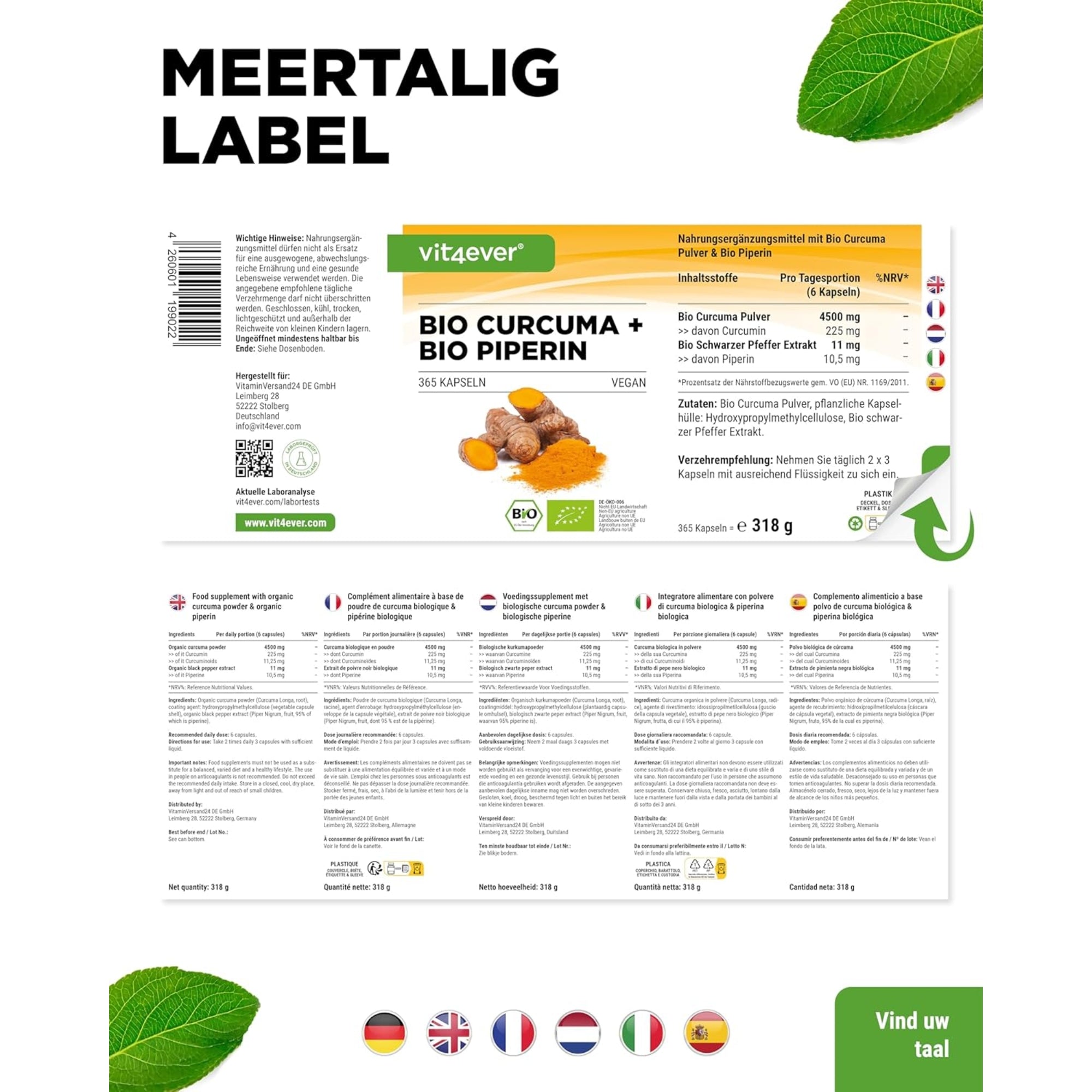 Bio Kurkuma + Bio Piperine (Curcumine) | 365 capsules | Vit4ever