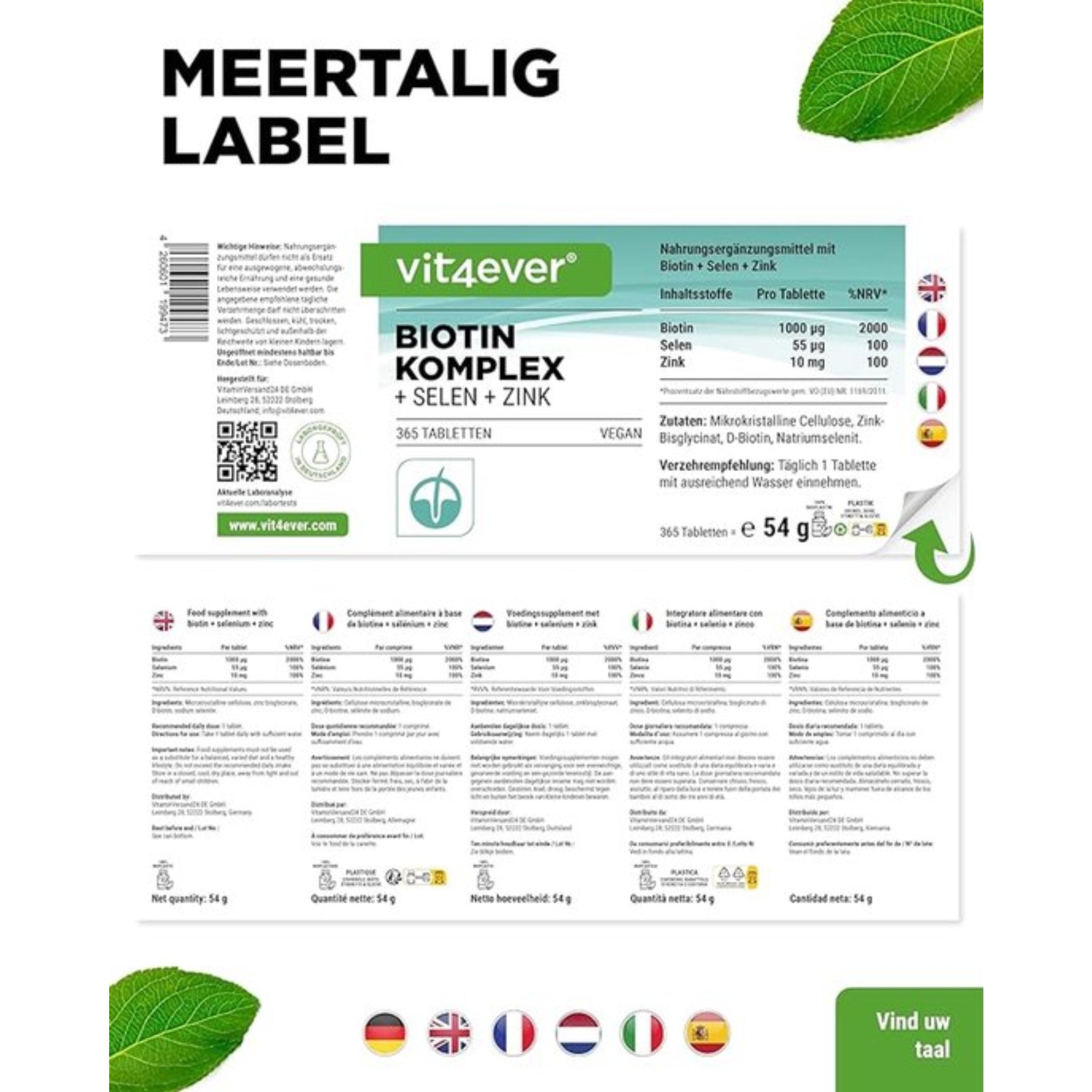 Biotine + Zink + Selenium | 365 Tabletten | Vit4ever