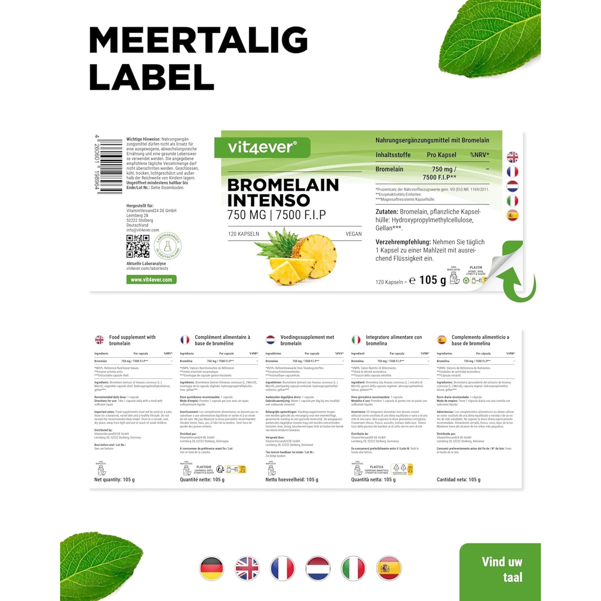 Bromelaïne 7.500 FIP | 120 capsules | Vit4ever