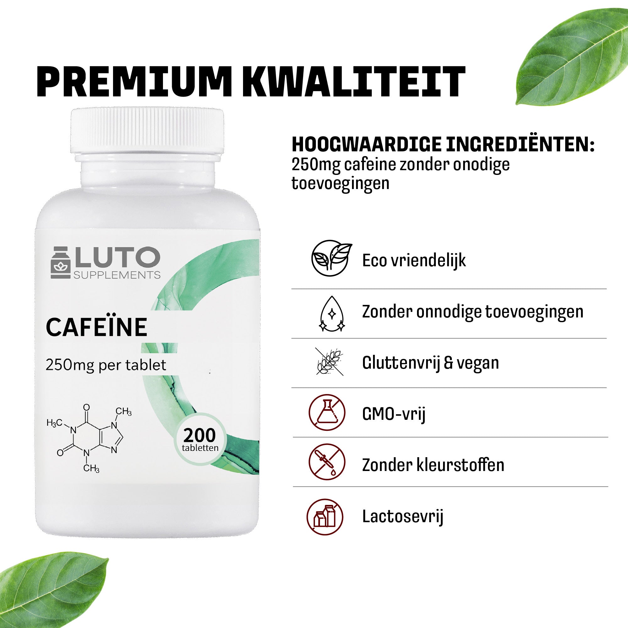 Cafeïne tabletten 250mg | 200 tabletten | LUTO Supplements