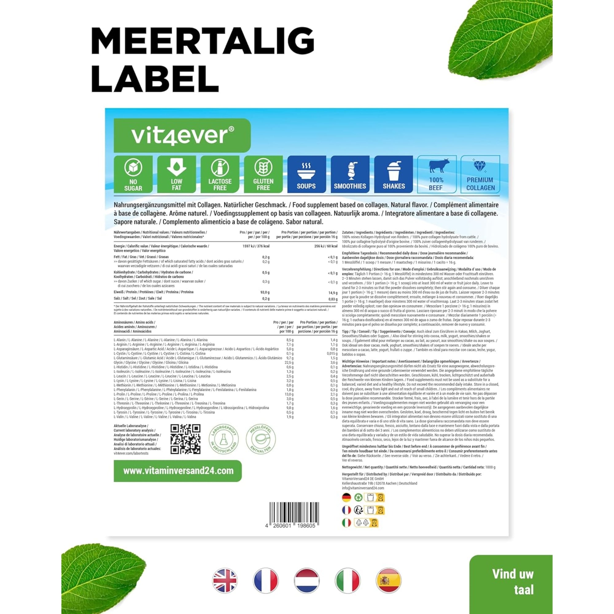 Halal Runder Collageen Hydrolysaat Peptiden | Type I, II & III | Vit4ever