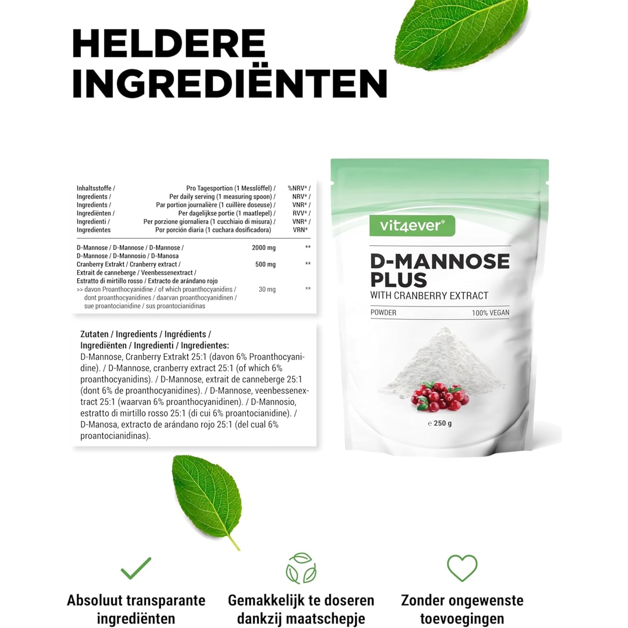 D-Mannose + Cranberry Poeder | 250 g | Vit4ever