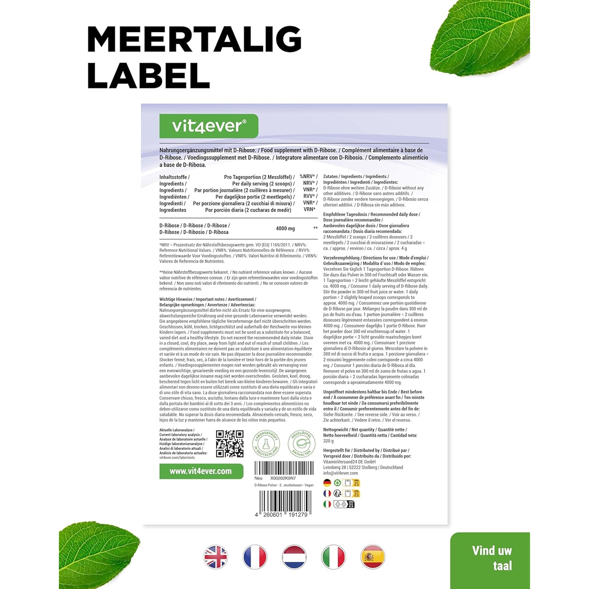 Meertalig label Vit4ever D-Ribose Poeder – inclusief ingrediënten en dosering
