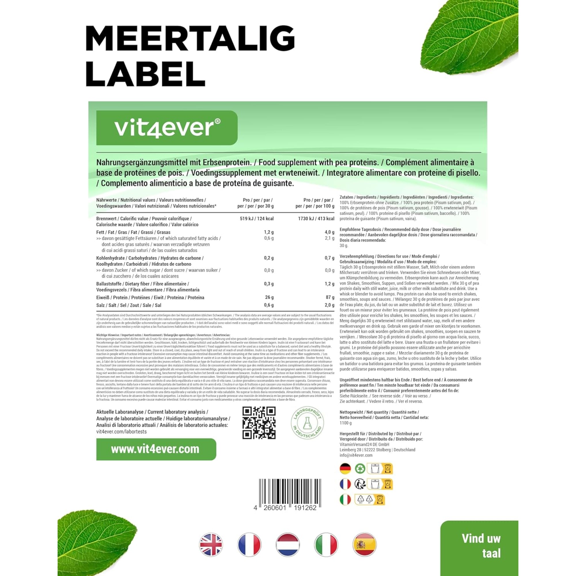 Erwten Eiwitpoeder | 1,1kg | Vit4ever