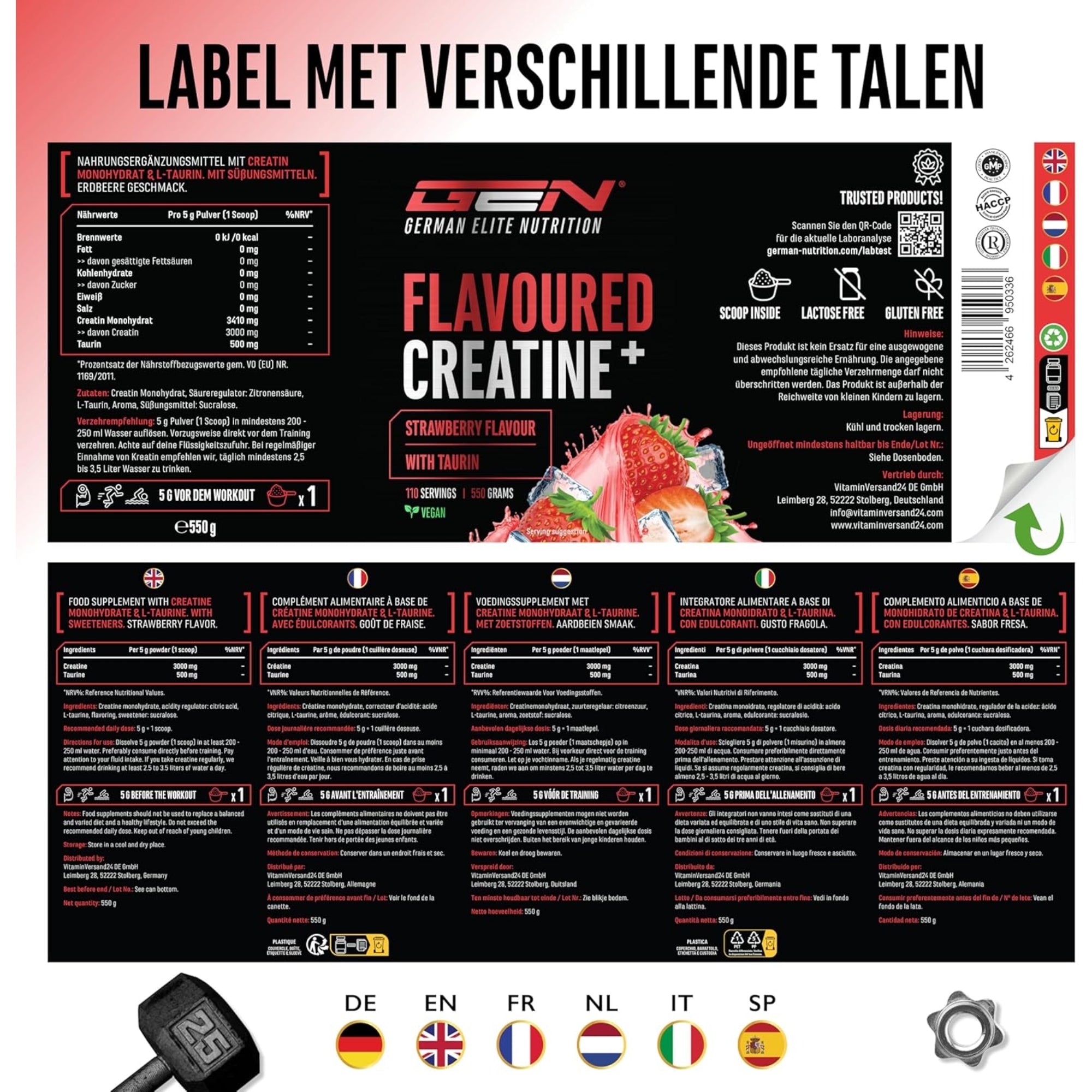 Flavoured Creatine+ (Creatine Monohydraat & Taurine) | 550 g | German Elite Nutrition