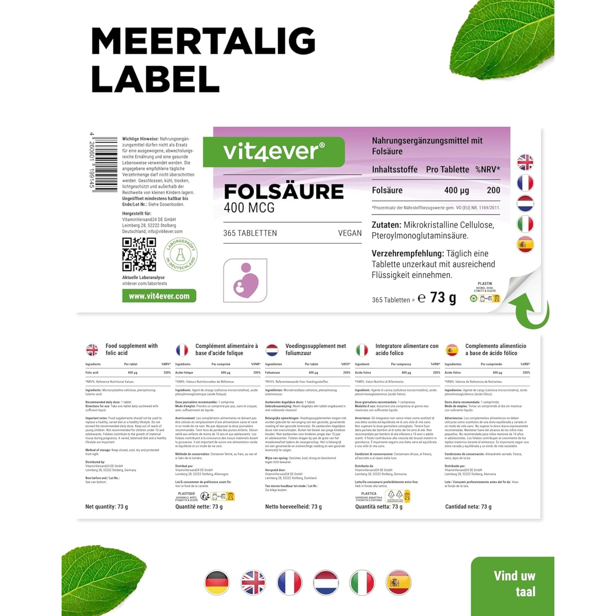 Foliumzuur 400 mcg | 365 Tabletten | Vit4ever