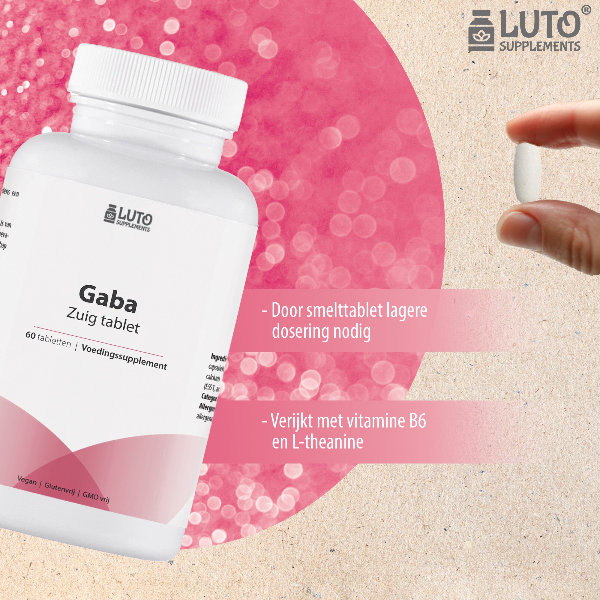 GABA met L-theanine | 700 mg GABA | 60 Zuig tabletten | Natuurlijke rustgever | Actief vitamine B6 (P-5-P) | Vegan | Luto Supplements