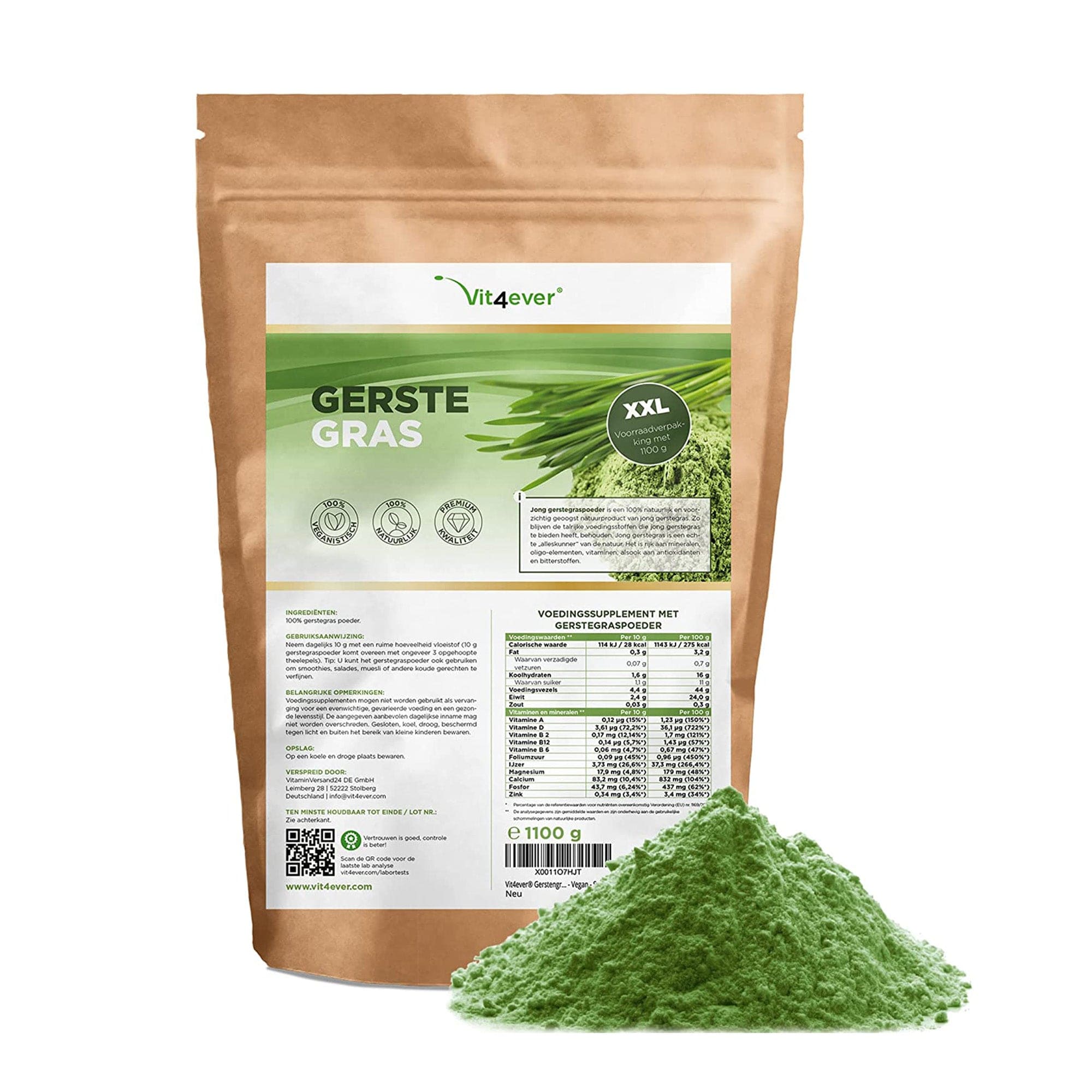 Vit4ever Gerstegras - 1100 g (1,1 kg) - Jong gerstegraspoeder - Herkomst Nederland - Rijk aan mineralen & vitaminen