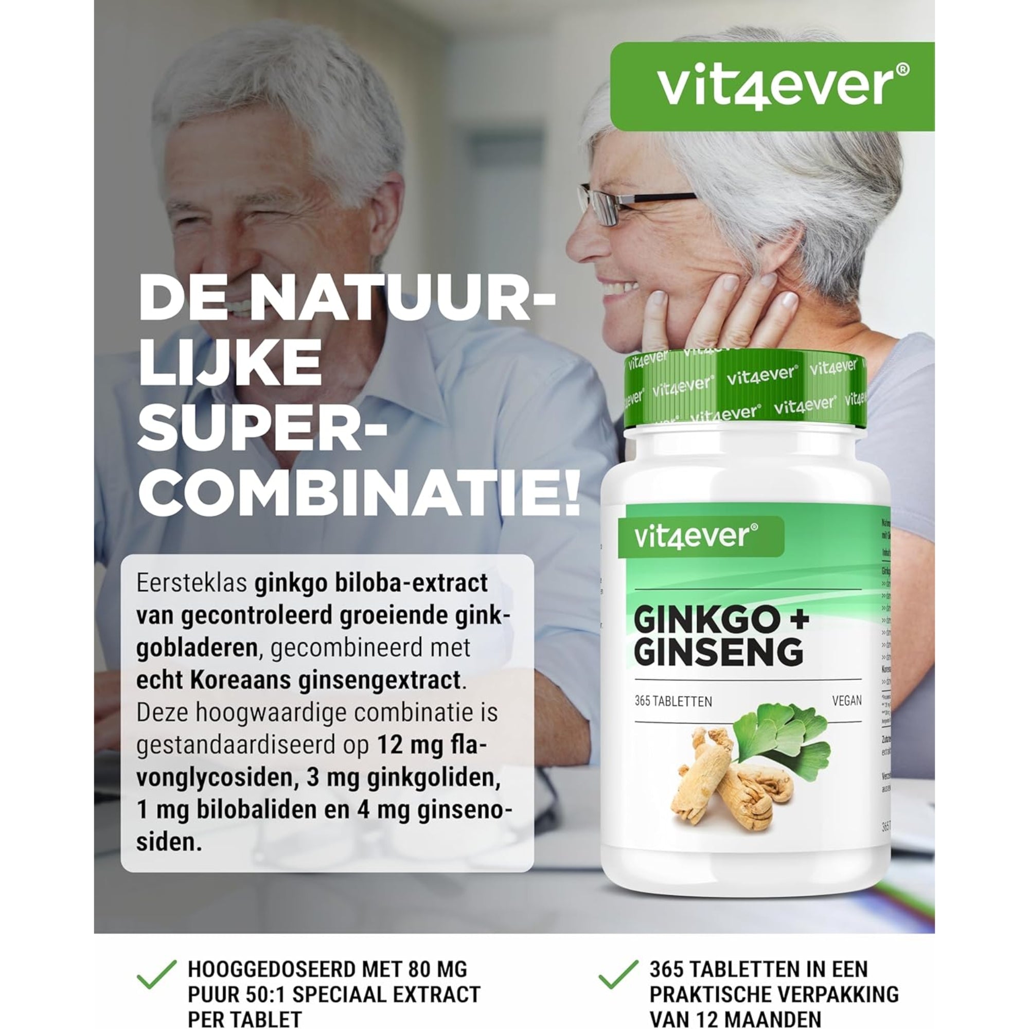 Ginkgo + Ginseng extract 50:1 | 365 tabletten | Vit4ever