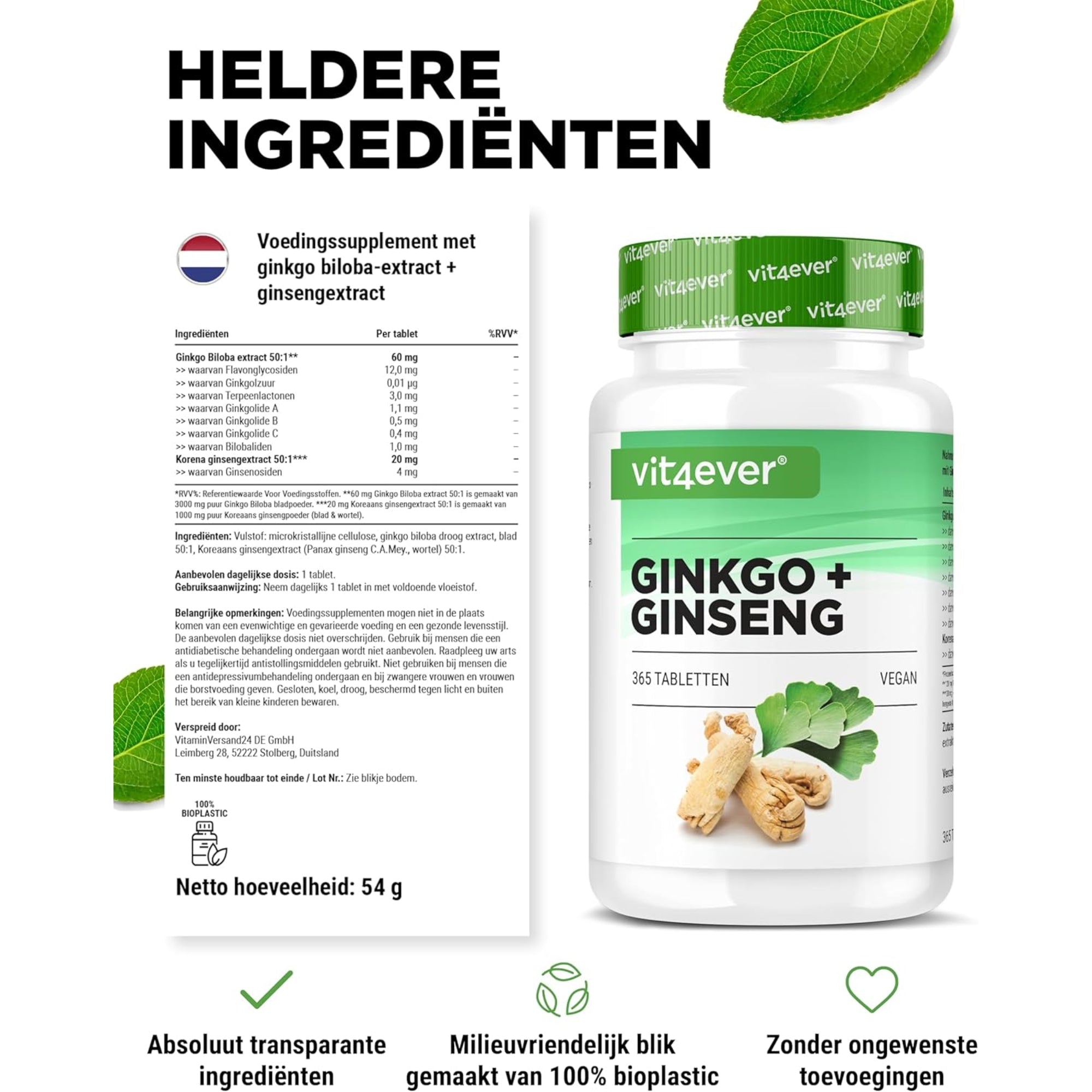 Ginkgo + Ginseng extract 50:1 | 365 tabletten | Vit4ever