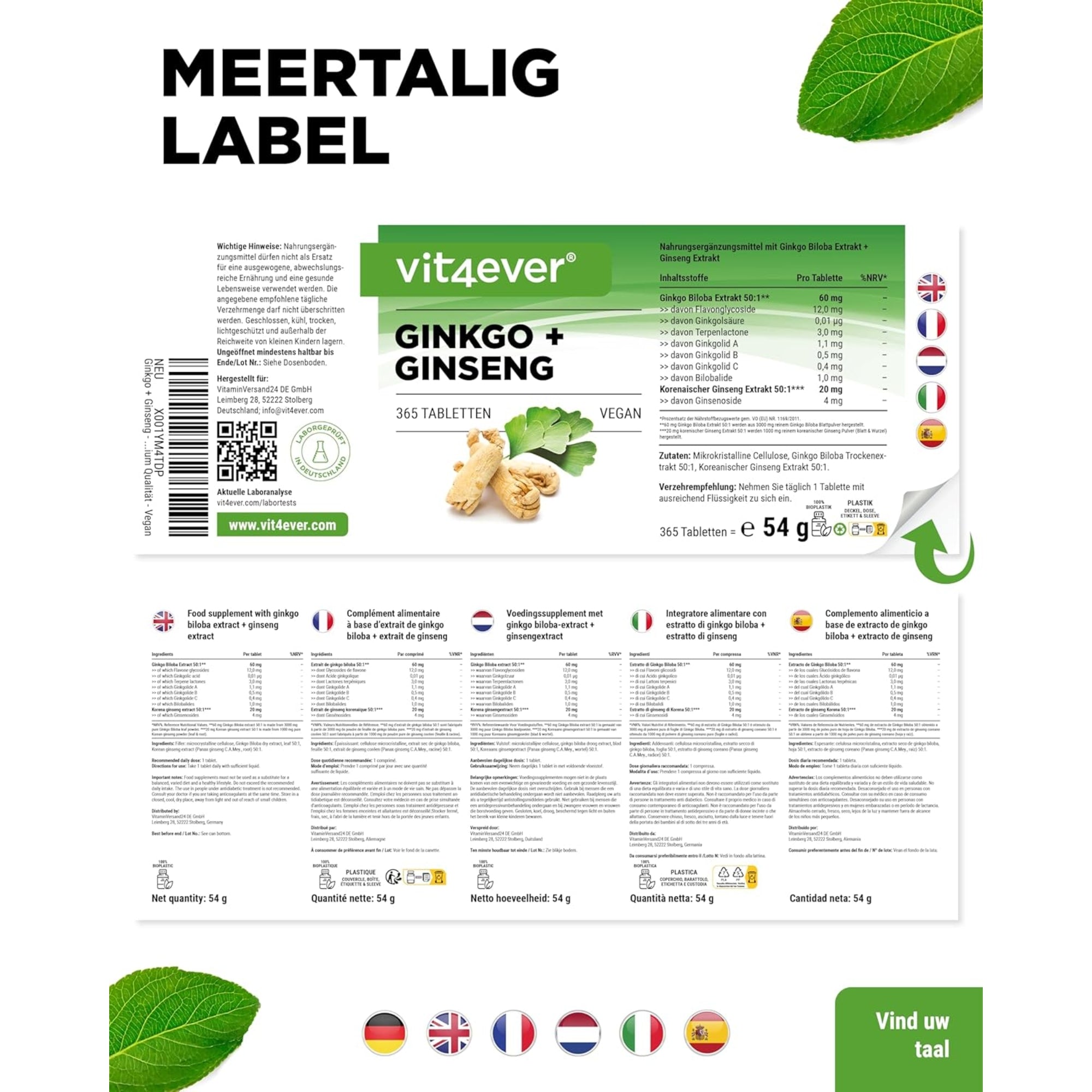 Ginkgo + Ginseng extract 50:1 | 365 tabletten | Vit4ever