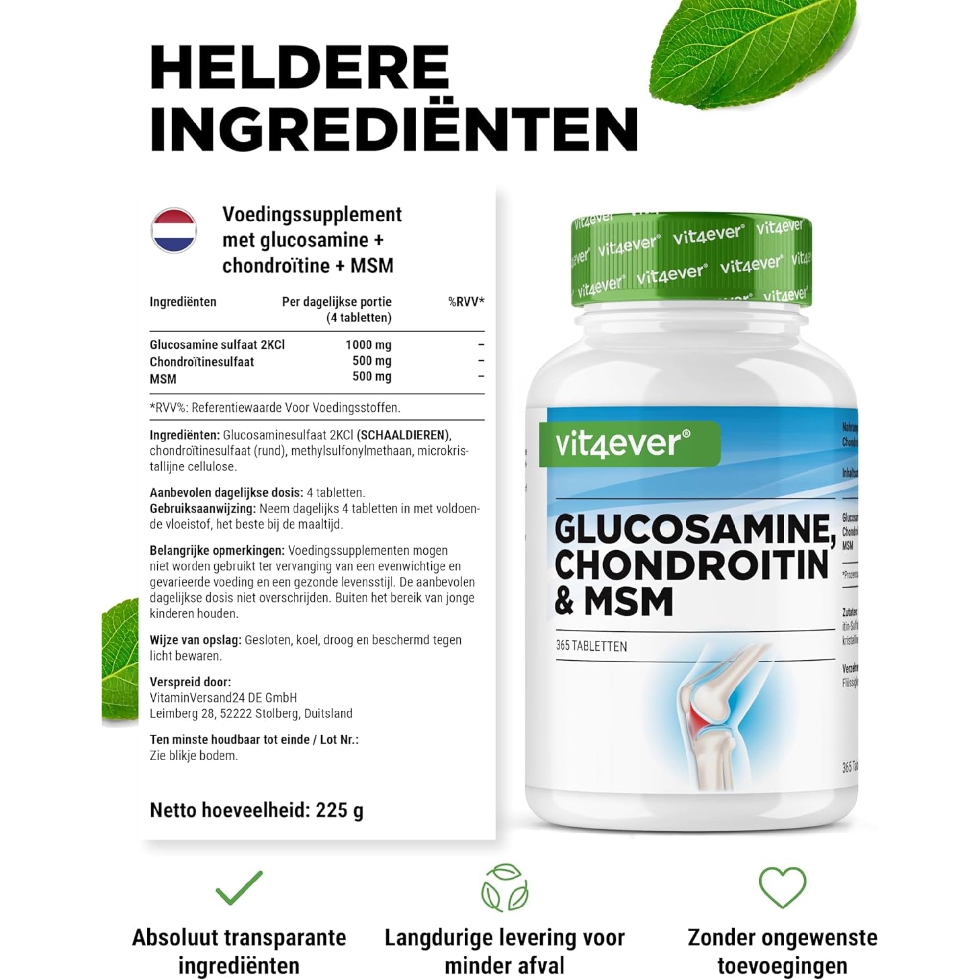 Glucosamine Chondroïtine & MSM | 365 Tabletten | Vit4ever