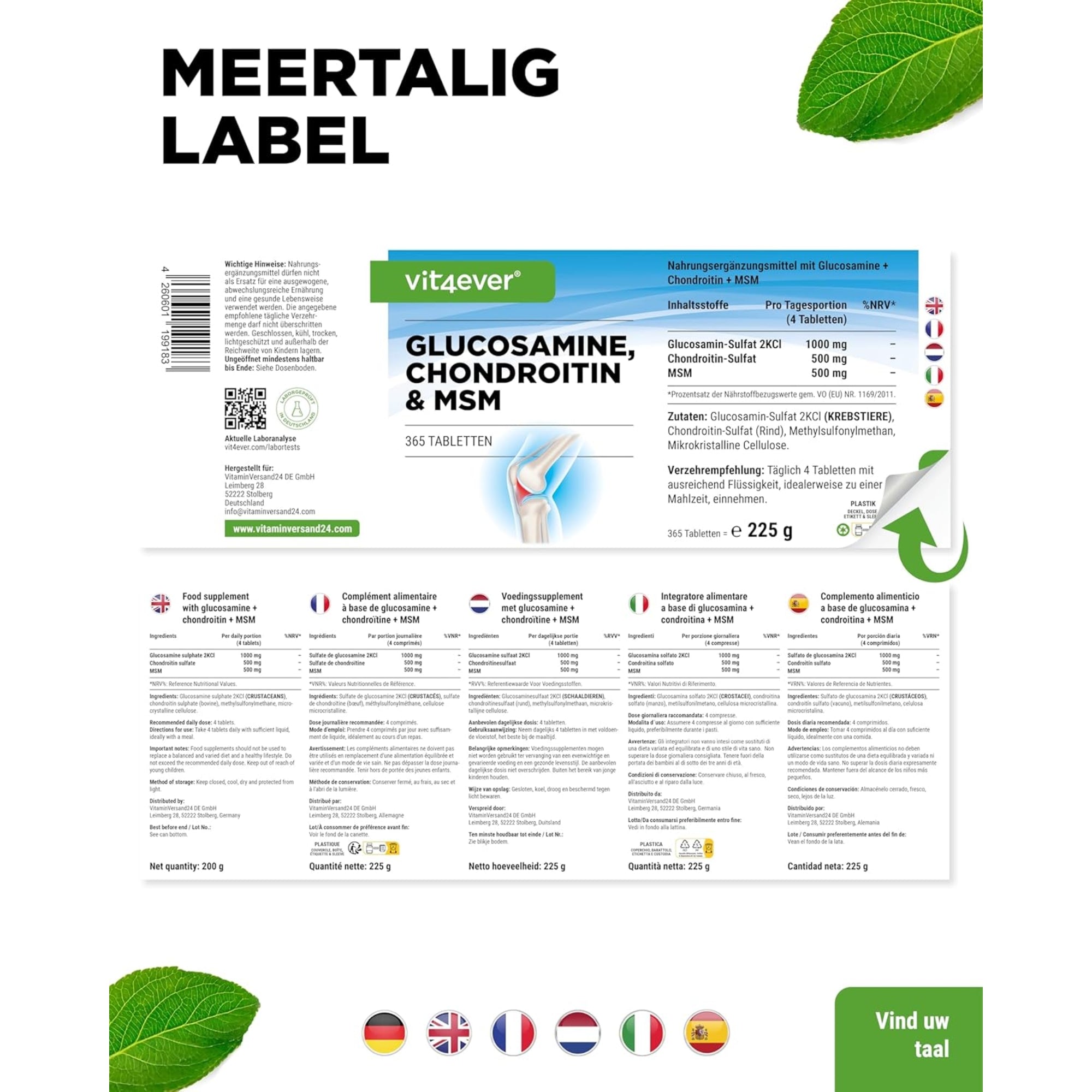 Glucosamine Chondroïtine & MSM | 365 Tabletten | Vit4ever