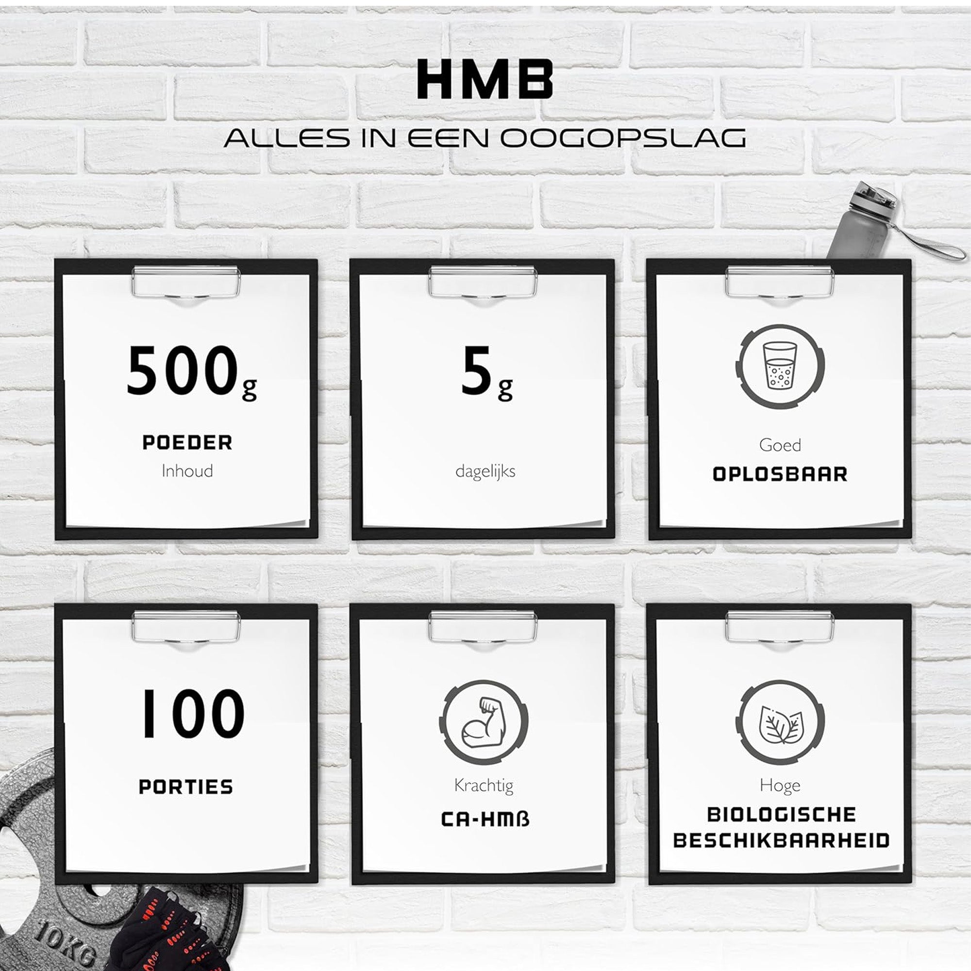 Infographic met voordelen van HMB Powder - krachtig Ca-HMB, oplosbaar, biologisch beschikbaar en zonder toevoegingen.