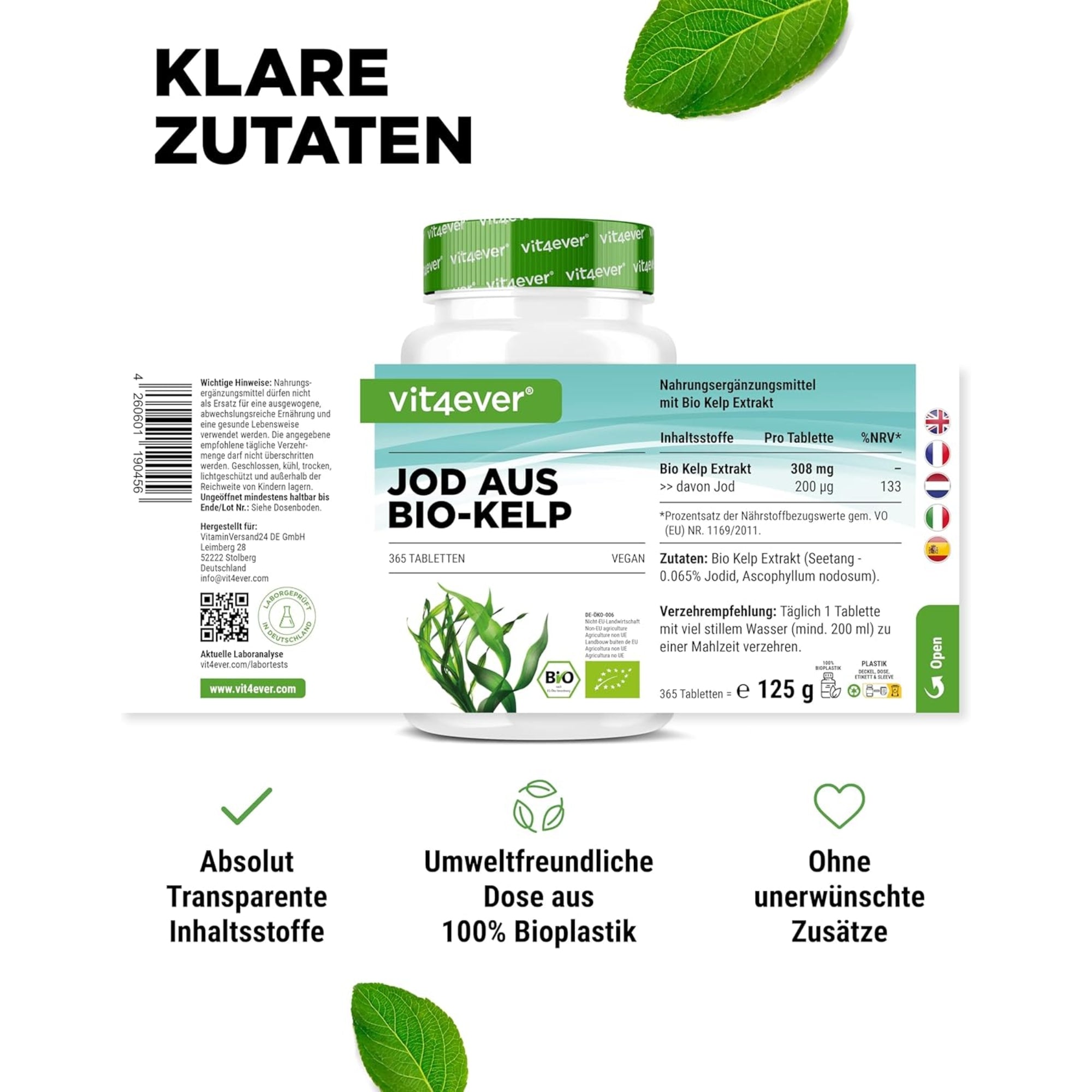 Biologische Kelp | Jodium | 200µg | 365 Tabletten | Vit4ever