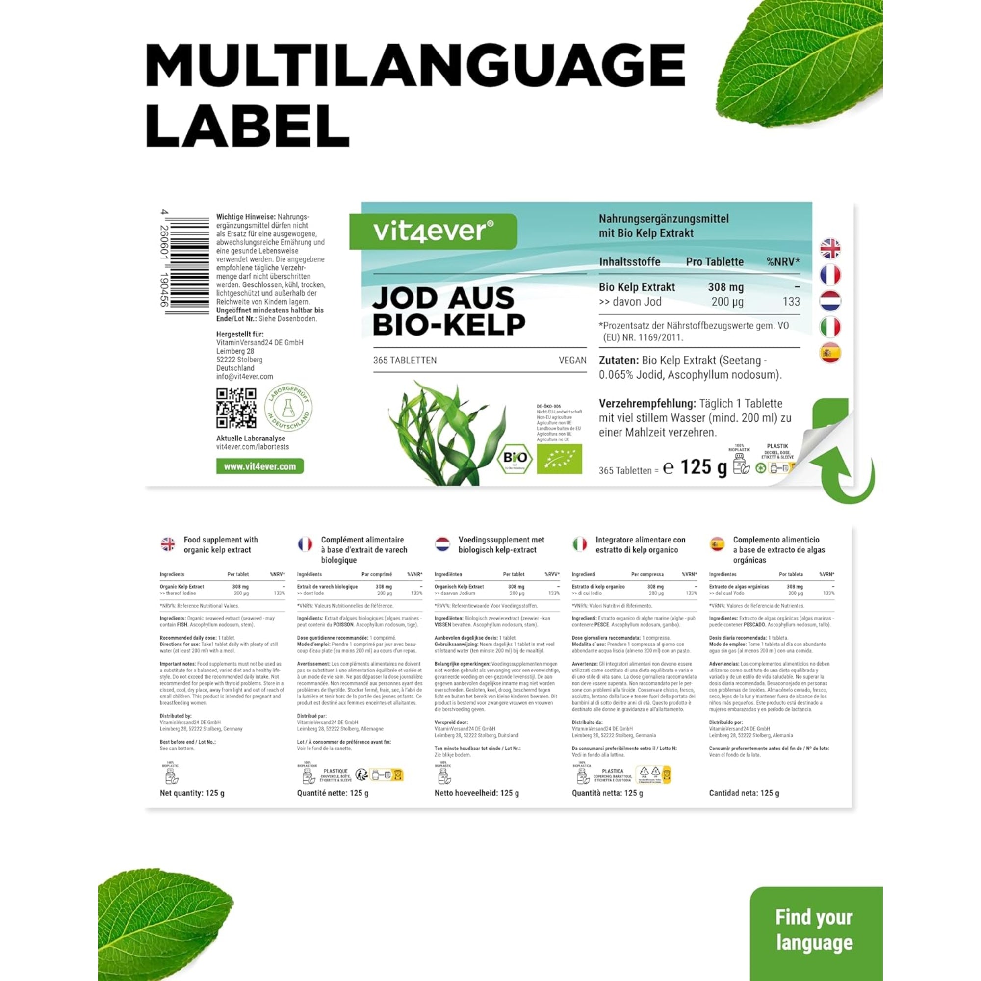 Biologische Kelp | Jodium | 200µg | 365 Tabletten | Vit4ever