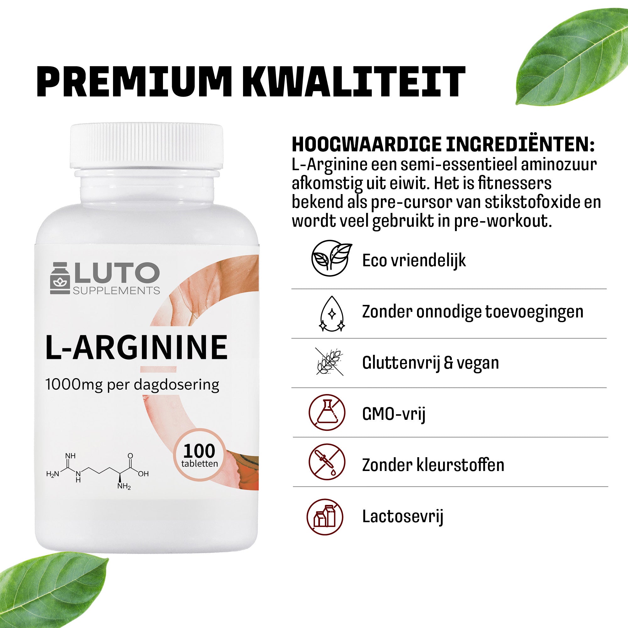 L-Arginine (L-Arginine Base) 1000mg | 100 tabletten | LUTO Supplementsts