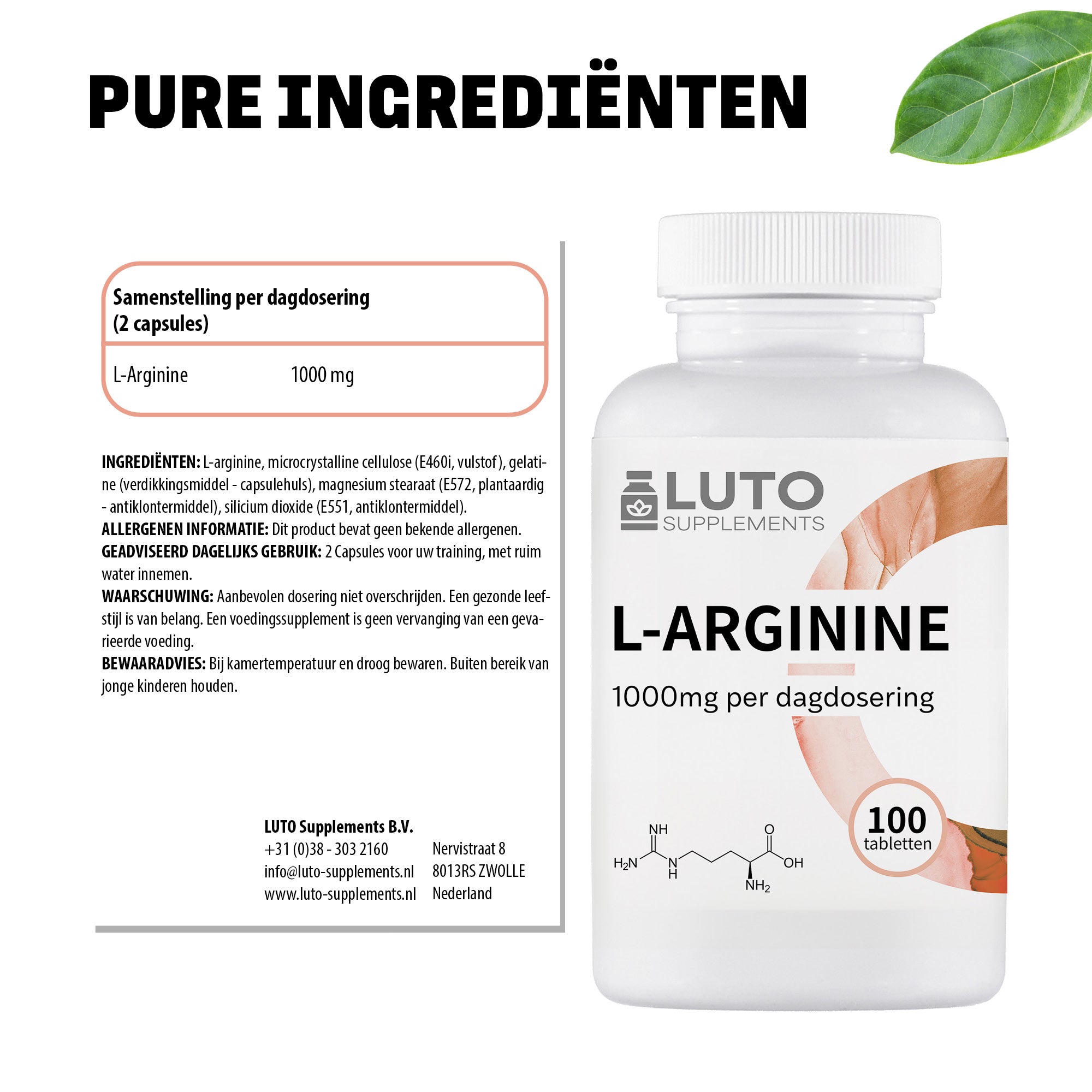 L-Arginine (L-Arginine Base) 1000mg | 100 tabletten | LUTO Supplementsts