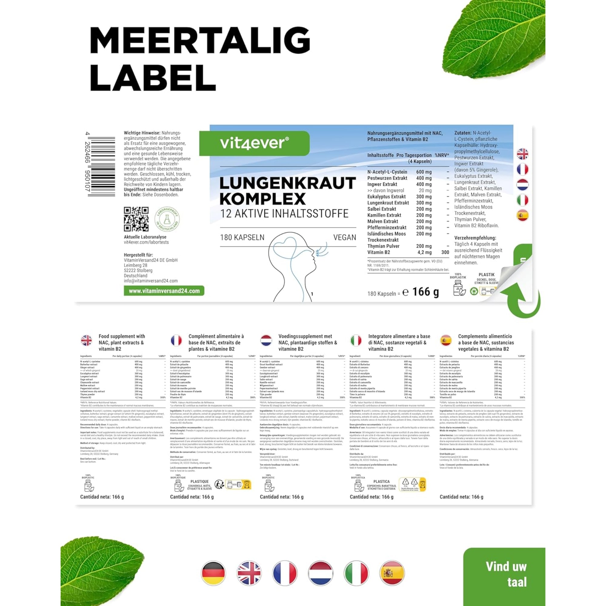 Longkruid Luchtwegencomplex met NAC & kruiden | 180 caps | Vit4ever