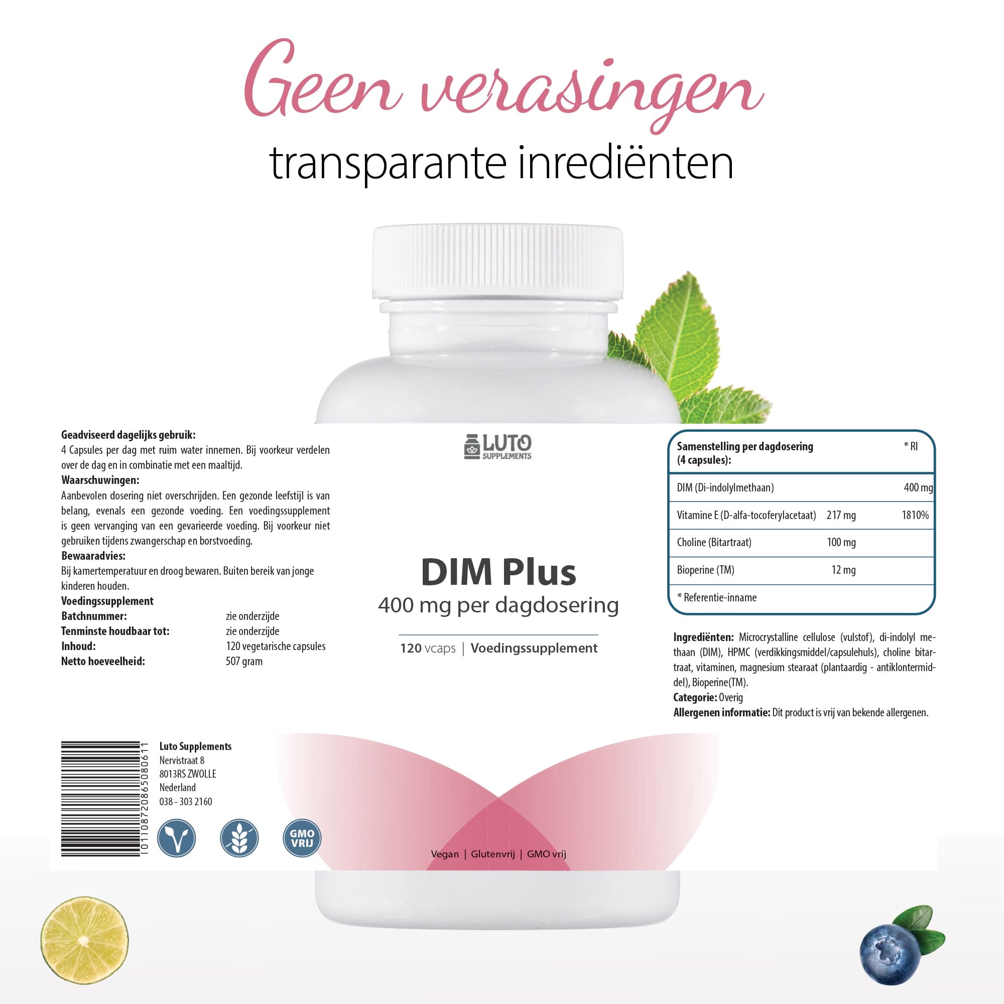 DIM Plus | 400mg Di-indolylmethaan | 120 Vegetarische capsules | Met Vitamine E, Bioperine & Choline | Luto Supplements