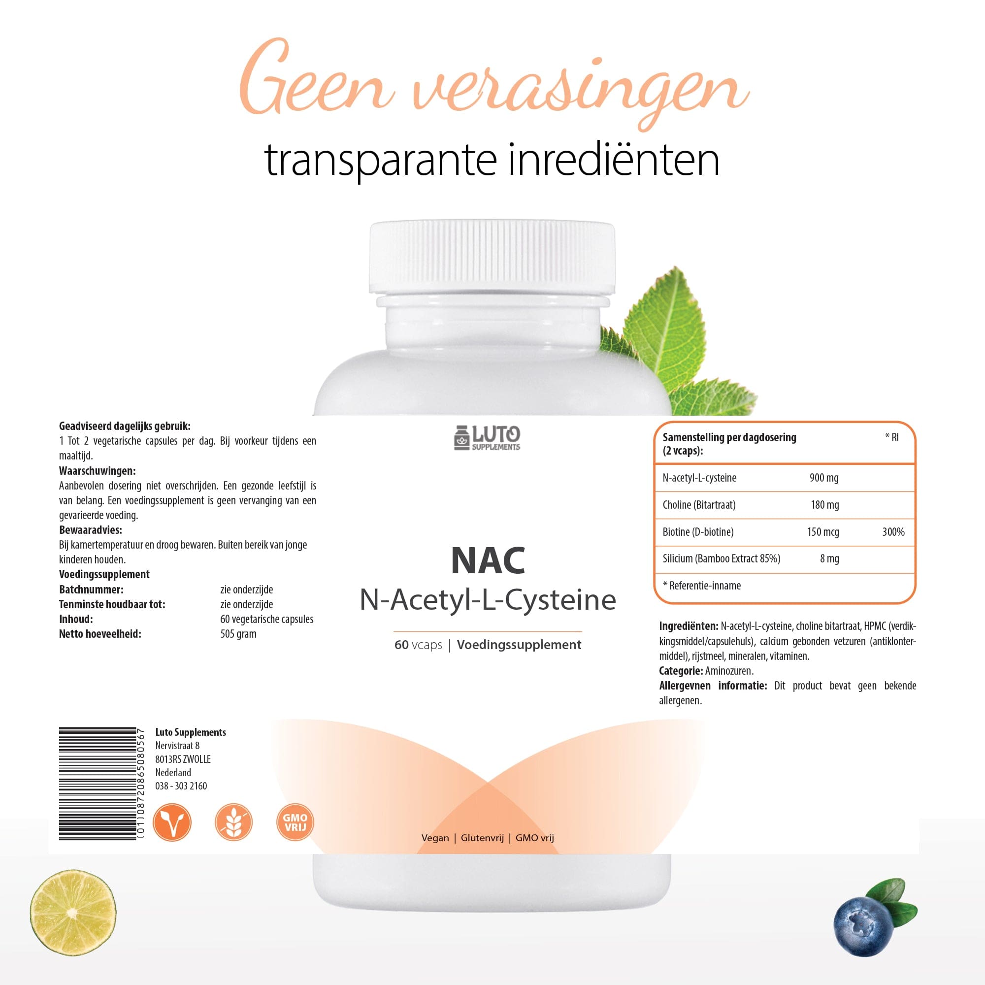 NAC | 900mg N-Acetyl-L-Cysteine | 60 Vegetarische capsules | met Biotine, Choline & Silicium | Luto Supplements