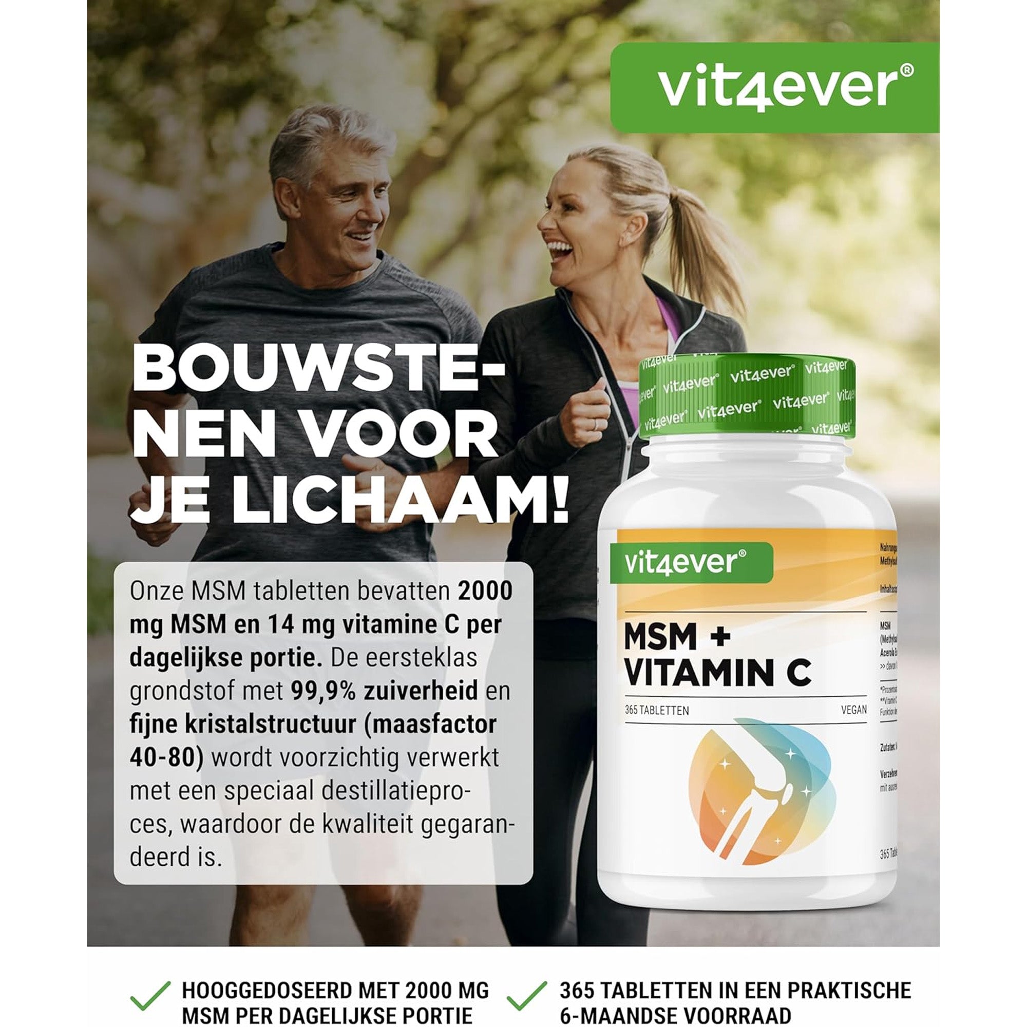 MSM + Vitamine C (Methylsulfonylmethaan + Acerola extract) 2000mg | 365 tabletten | Vit4ever
