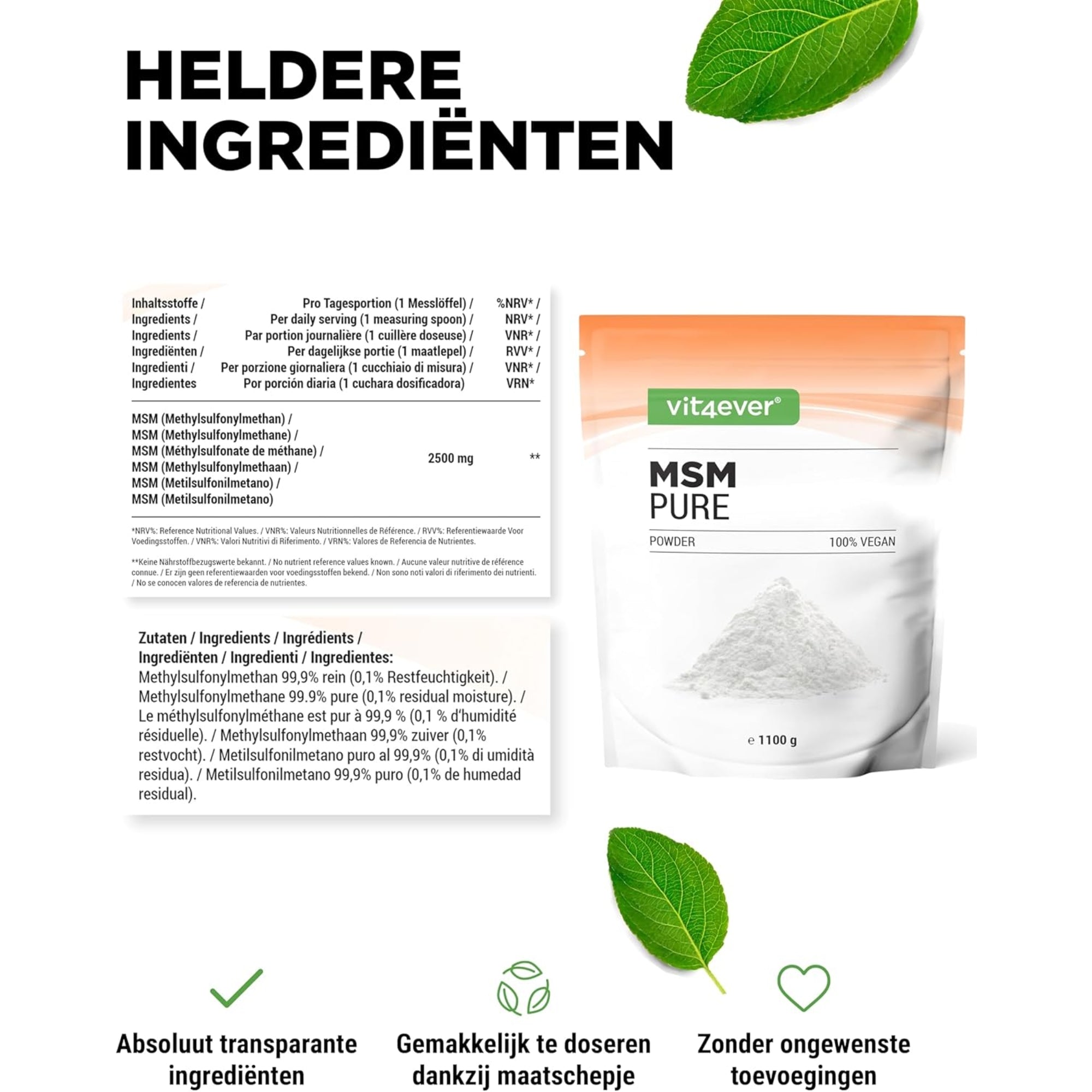 MSM-poeder | Methylsulfonylmethaam | 1,1 kg | 99,9% zuiver | Vit4ever