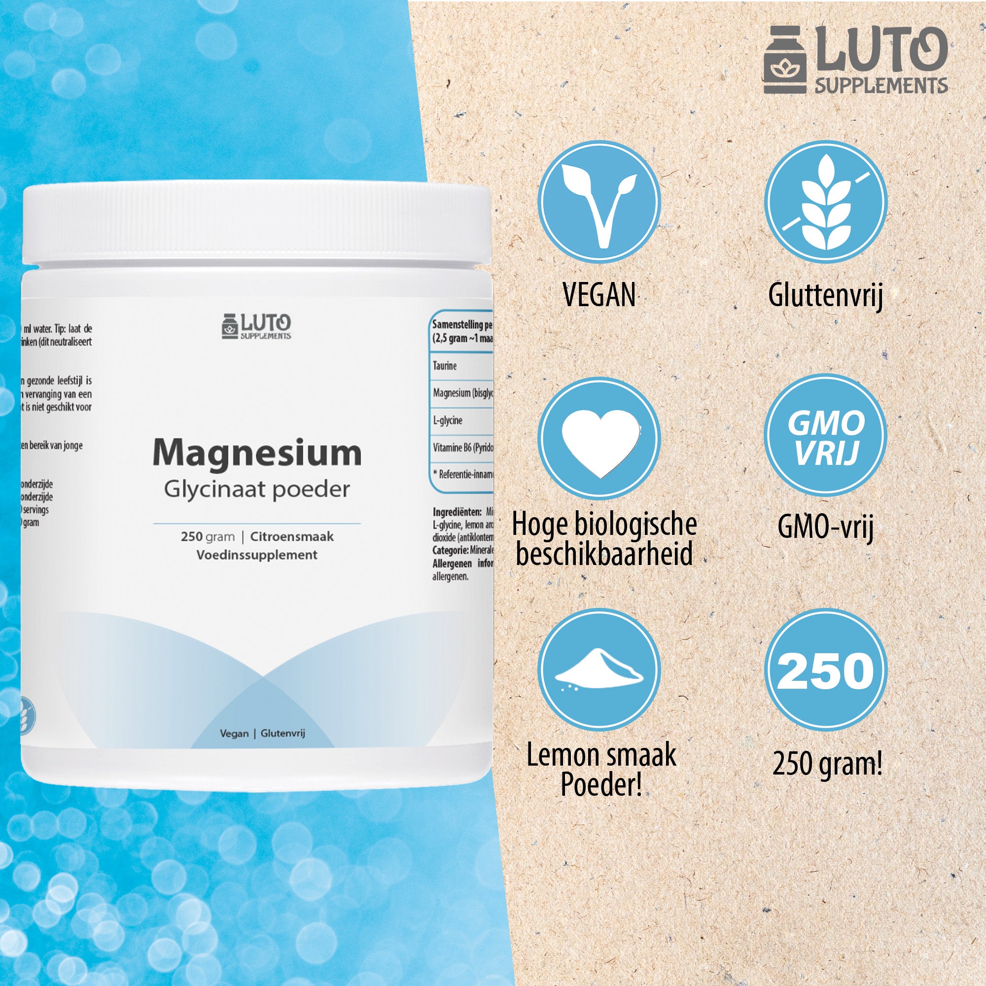 Magnesium Glycinate poeder | 250 gram | Glycinaat / Bisglycinaat | Met Citroen smaak | Hoogste kwaliteit magnesium | Luto Supplements