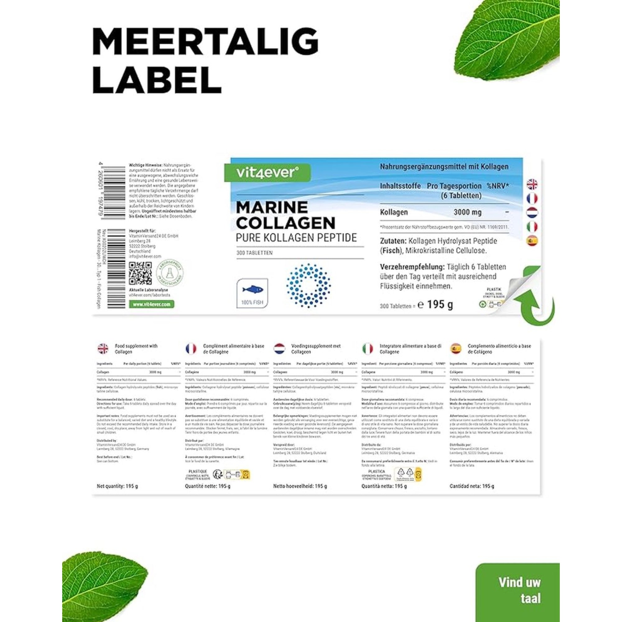 Marine Collageen 3000mg (Vis collageen) | 300 Tabletten | Vit4ever