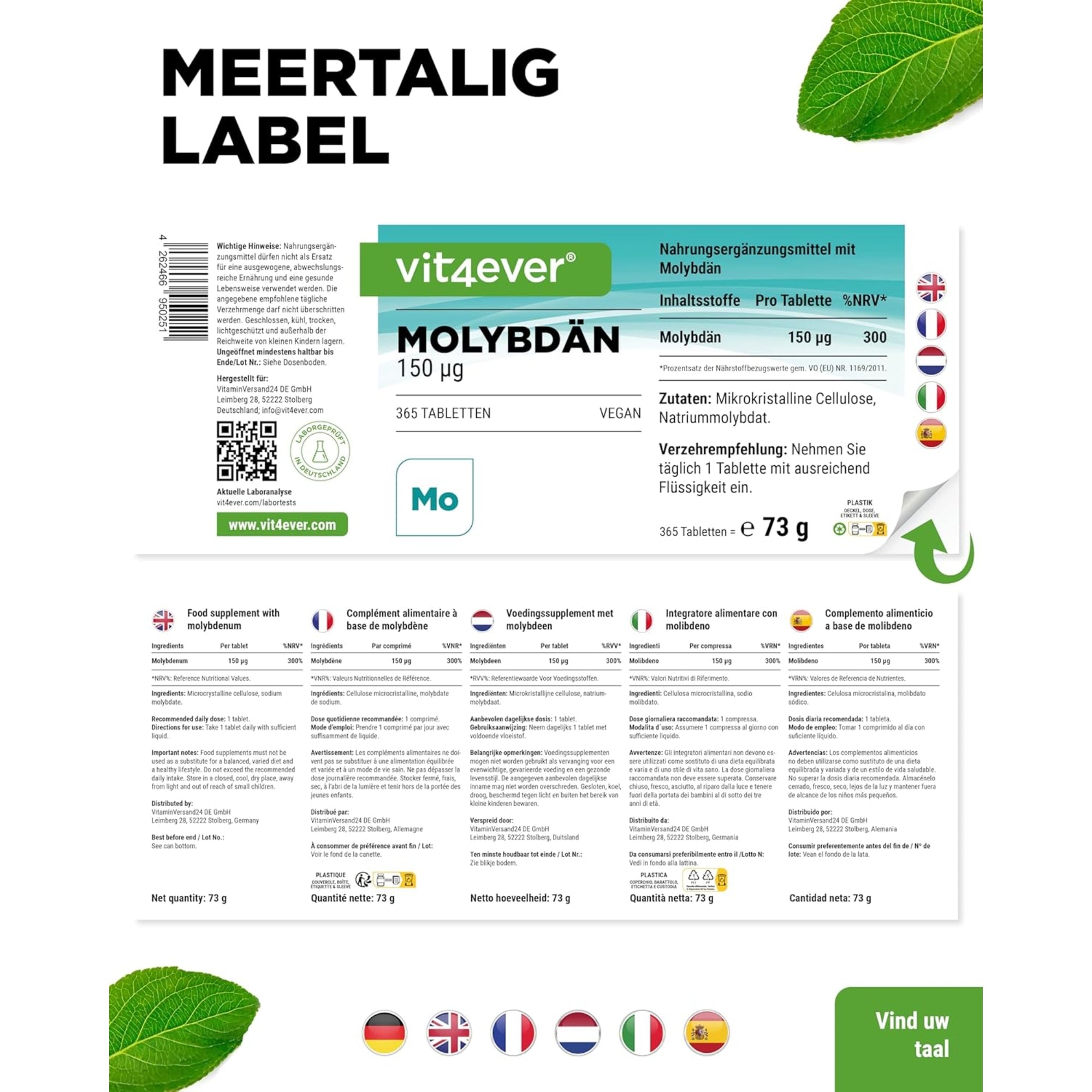 Molybdeen 150 µg | 365 tabletten | Vit4ever