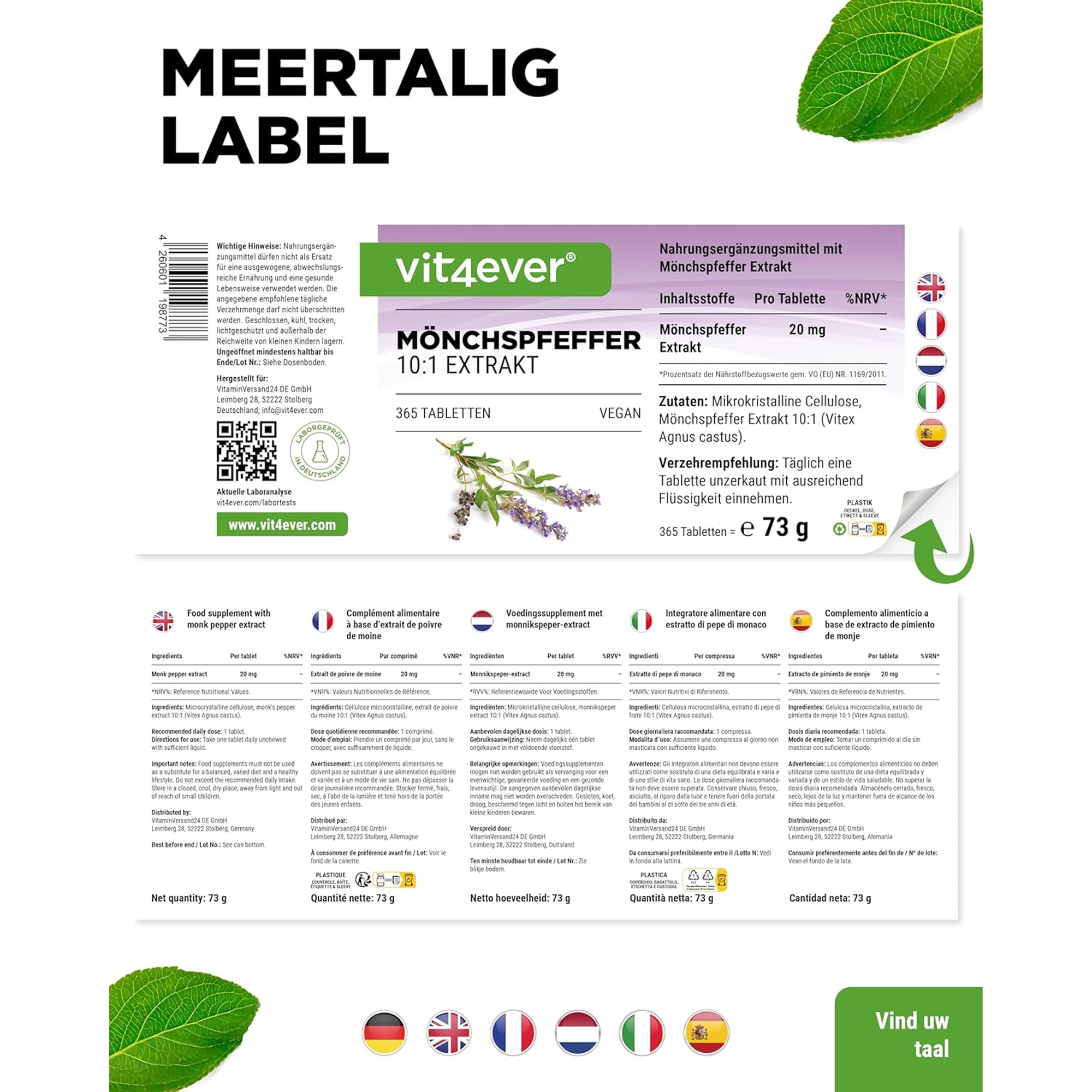 Monnikspeper extract | 365 tabletten | Vit4ever