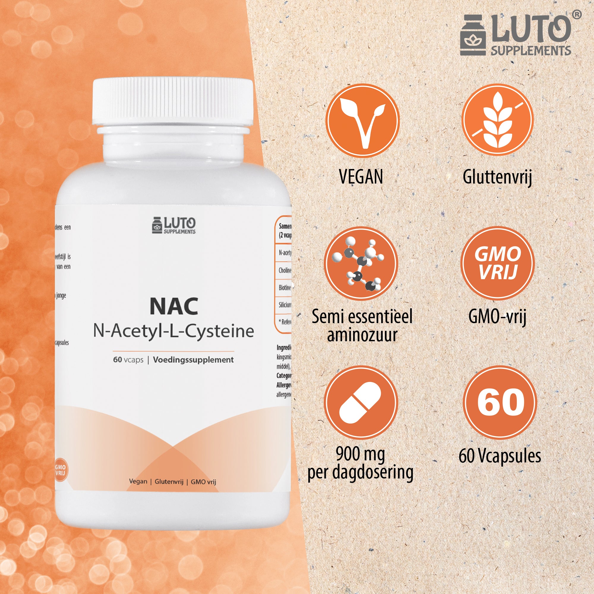 NAC | 900mg N-Acetyl-L-Cysteine | 60 Vegetarische capsules | met Biotine, Choline & Silicium | Luto Supplements